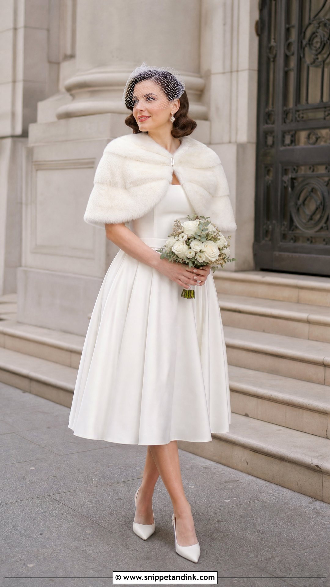 Short Wedding Fur Capelet With Tea Length Dress - Snippet and Ink - 20 Wedding Fur Ideas