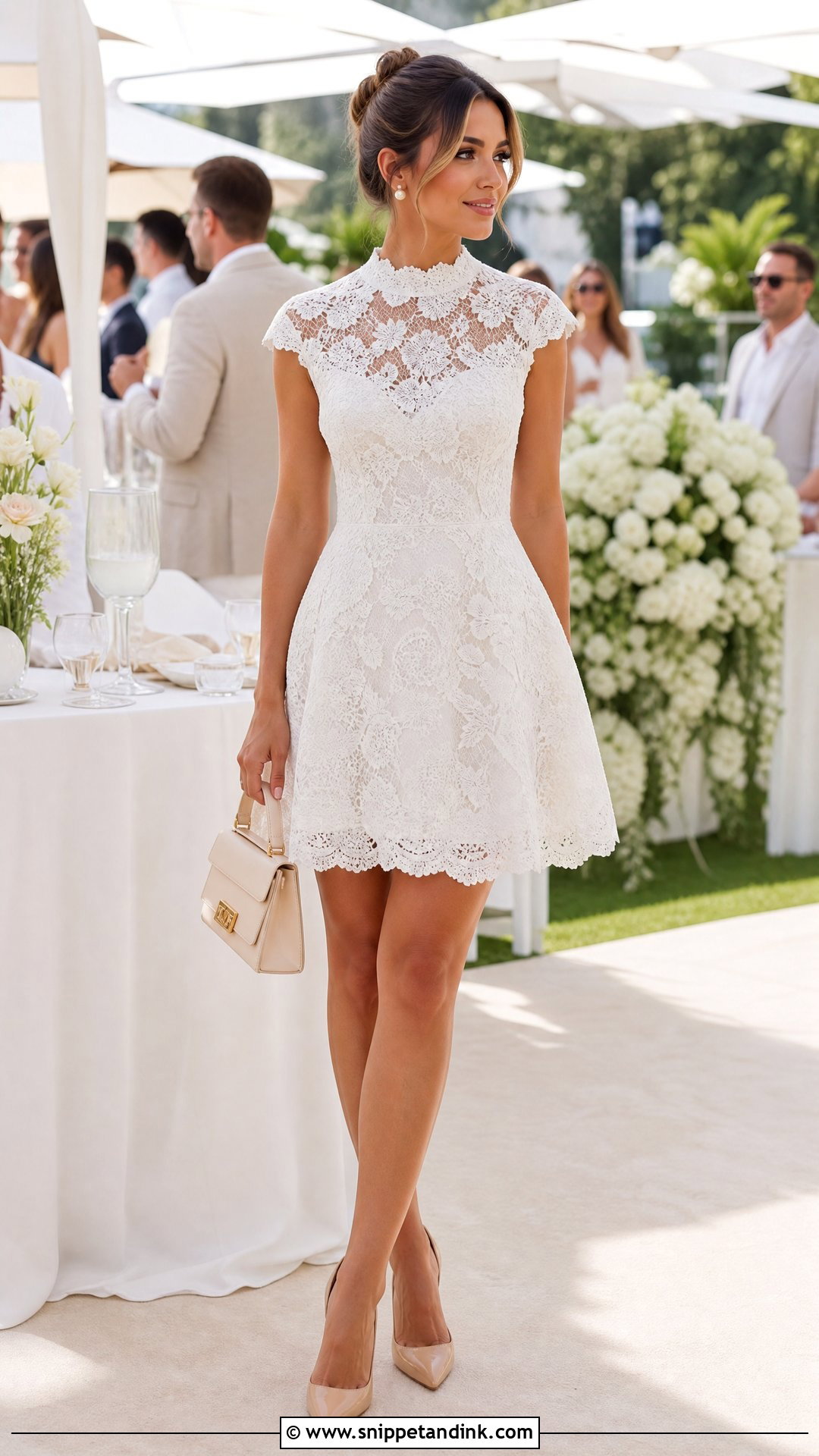 Short White Lace A Line Gown With Nude Heels - Snippet and Ink - 20 Short White Lace Gown Ideas