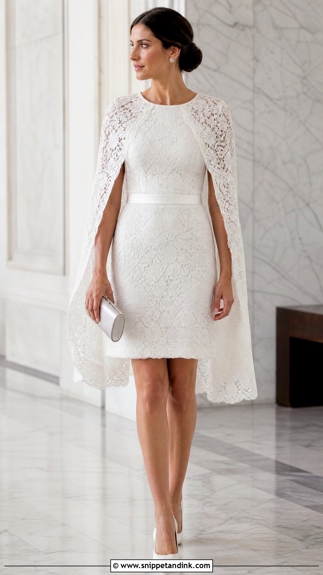 Short White Lace Cape Sleeve Gown With White Pumps - Snippet and Ink - 20 Short White Lace Gown Ideas