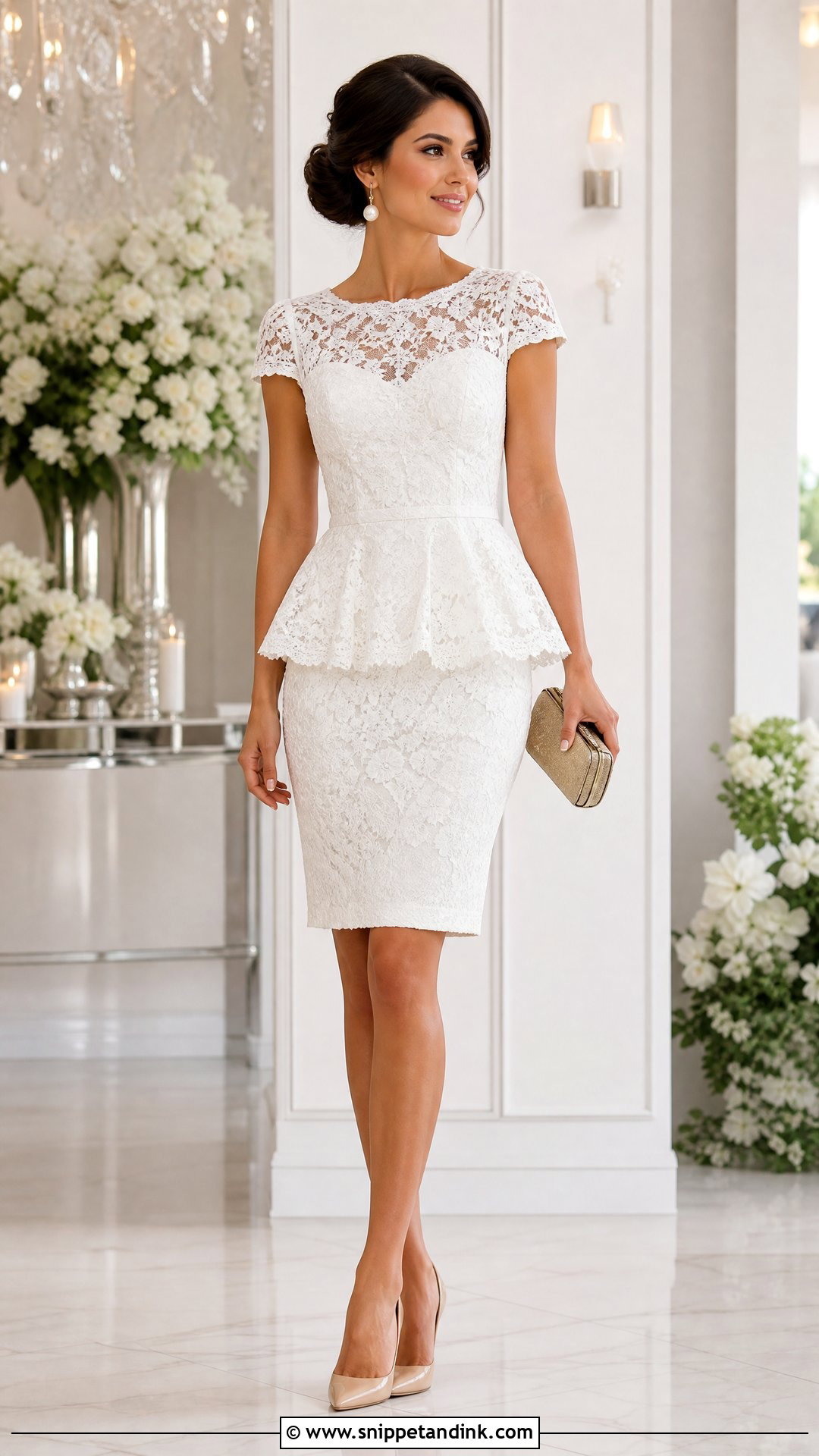 Short White Lace Peplum Gown With Pointed Heels - Snippet and Ink - 20 Short White Lace Gown Ideas