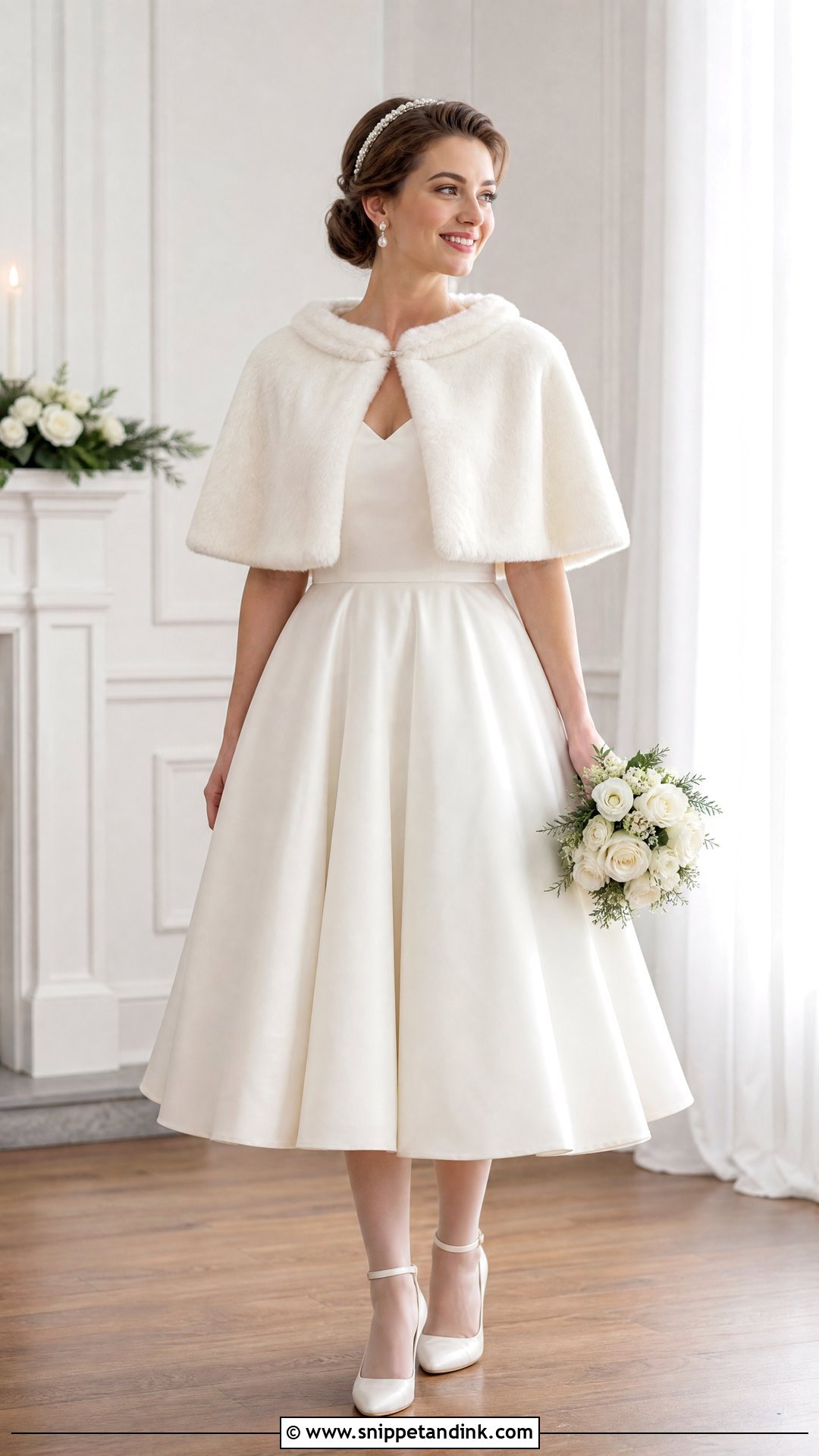 Short Winter Wedding Capelet With Tea Length Dress - Snippet and Ink - 20 Winter Wedding Cape Ideas