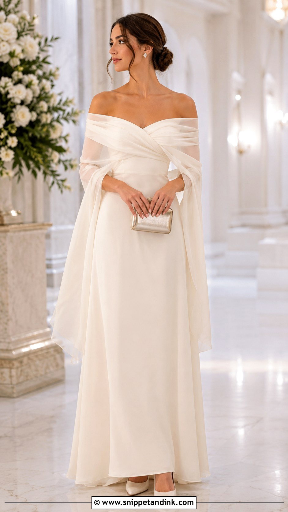 Shoulder Draped Wedding Scarf With Off Shoulder Gown - Snippet and Ink - 20 Wedding Scarf Styles