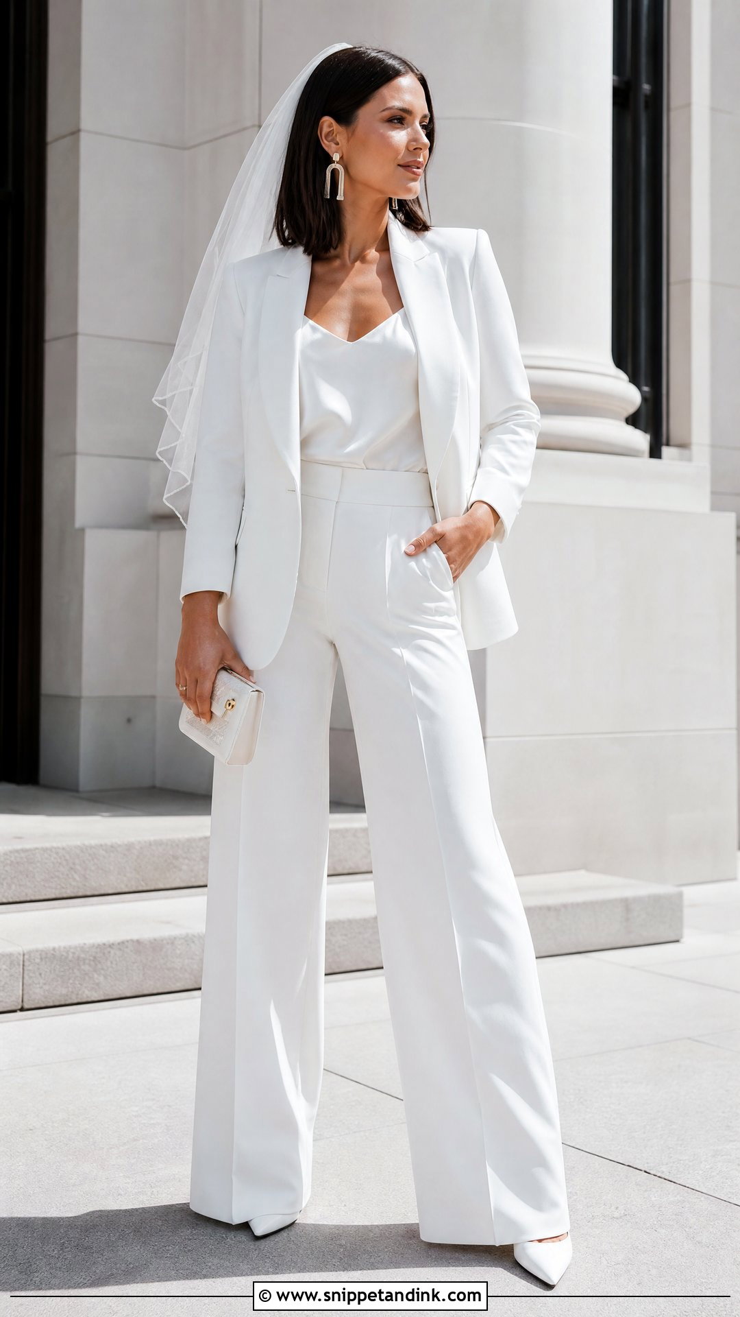 Shoulder Length Veil With Bridal Pantsuit - Snippet and Ink - 20 Veiled Bride Ideas