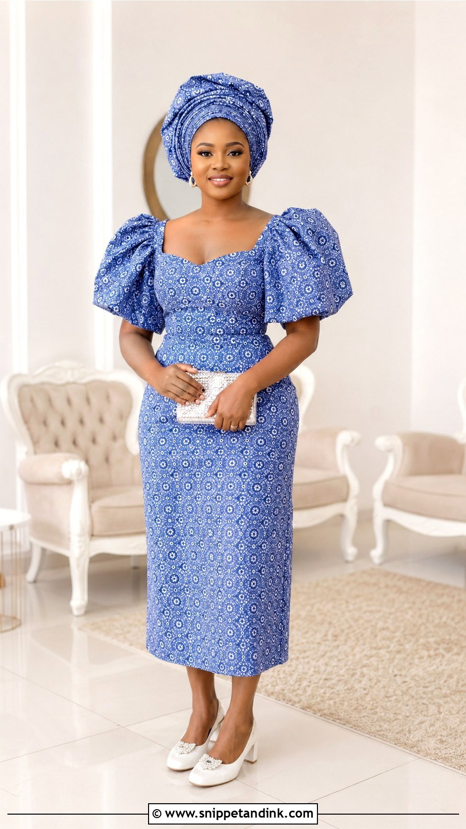 Shweshwe Lobola Dress With Puff Sleeves - Snippet and Ink - 30 Lobola Dresses for Bride