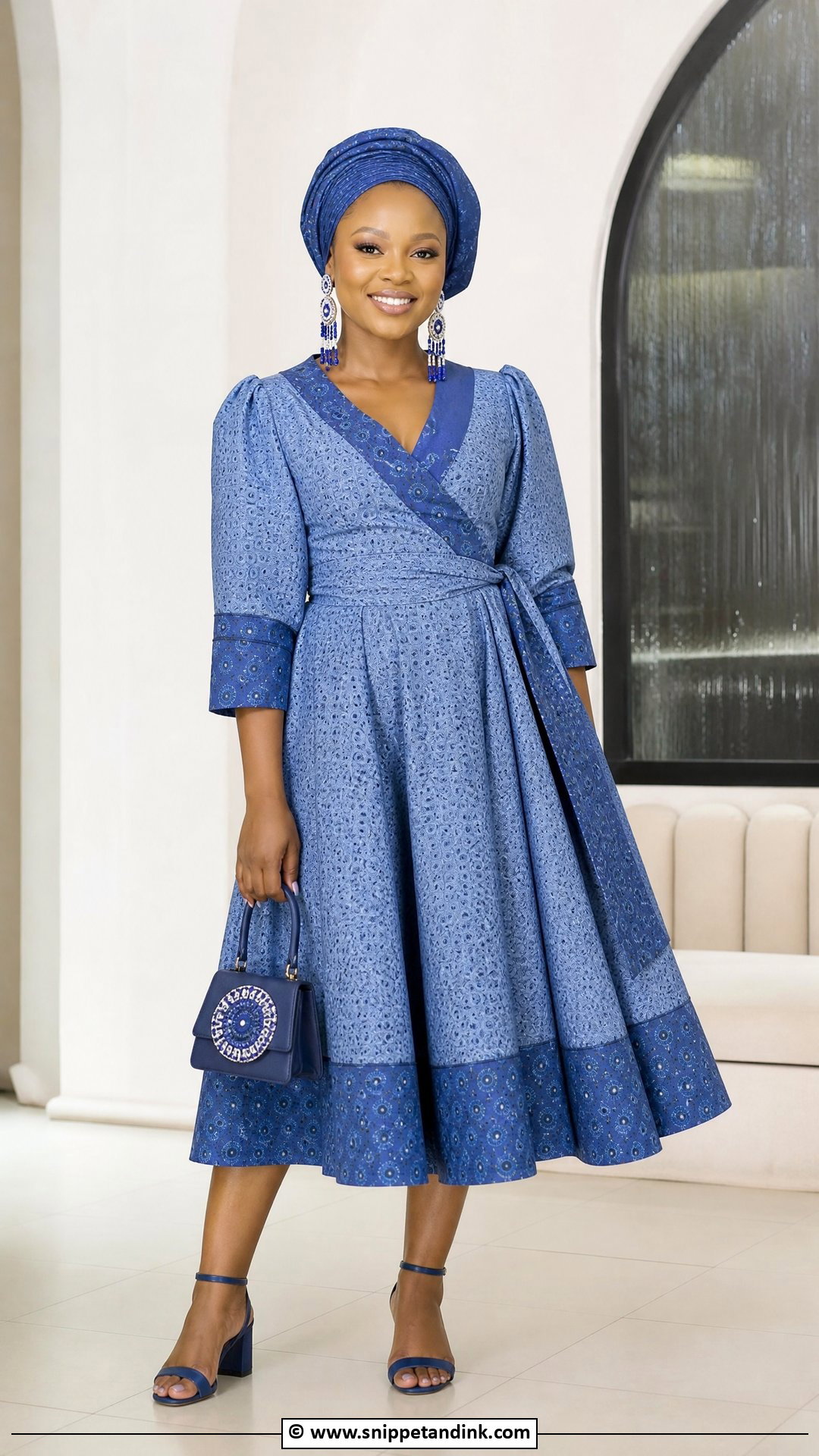 Shweshwe Makoti Dress With Matching Doek - Snippet and Ink - 35 Makoti Attire Ideas