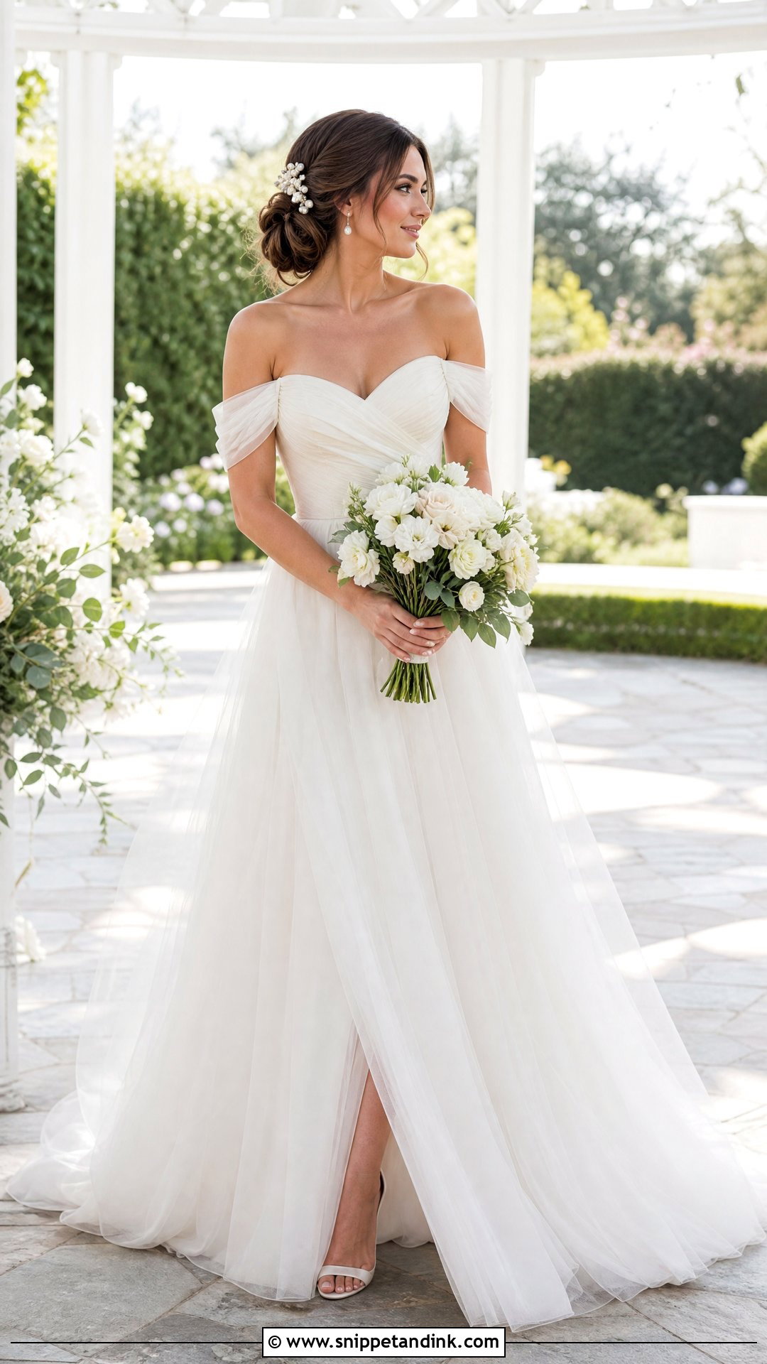 Side Bun for Off the Shoulder Wedding Dress - Snippet and Ink - 25 Off the Shoulder Wedding Dress Hairstyle Ideas