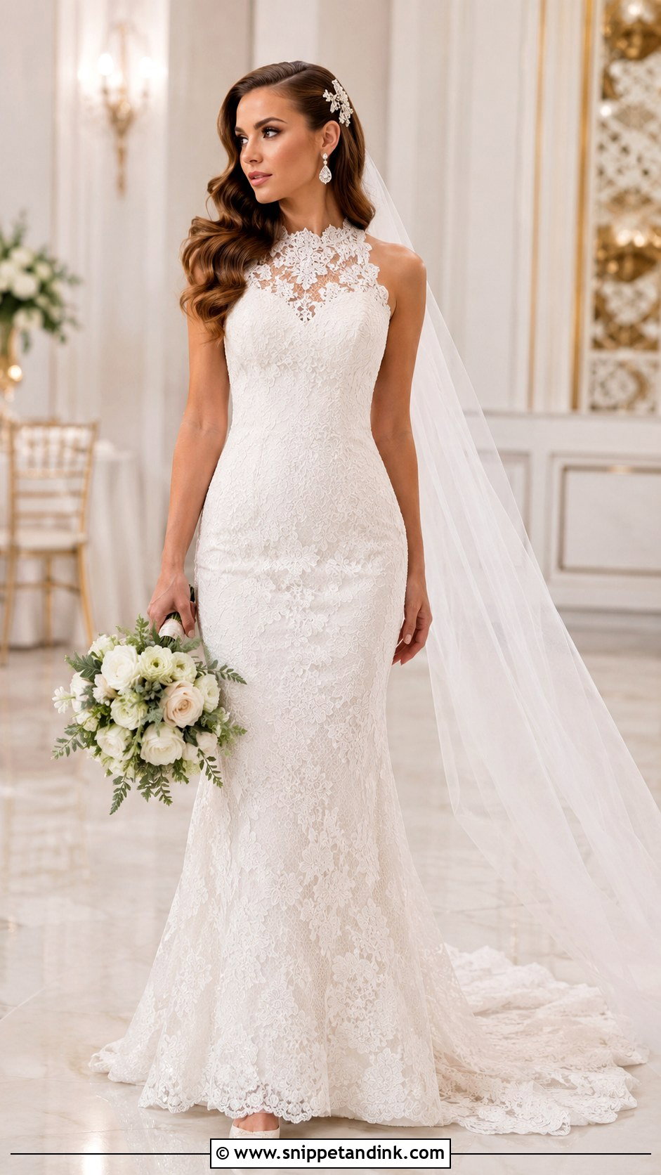 Side Swept Waves For High Neck Wedding Dress - Snippet and Ink - 20 High Neck Wedding Dress Hairstyle Ideas