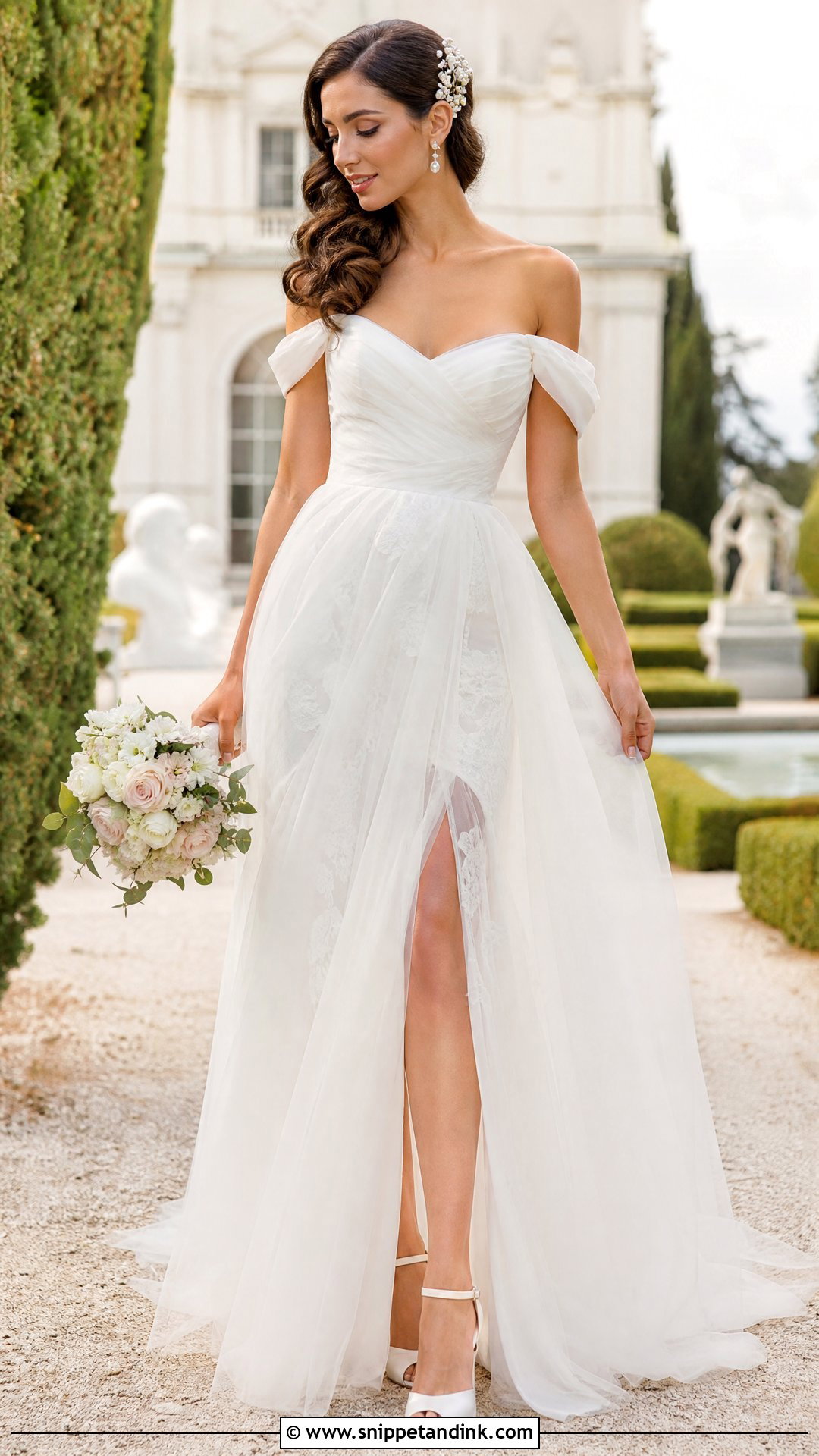 Side Swept Waves for Off the Shoulder Wedding Dress - Snippet and Ink - 25 Off the Shoulder Wedding Dress Hairstyle Ideas