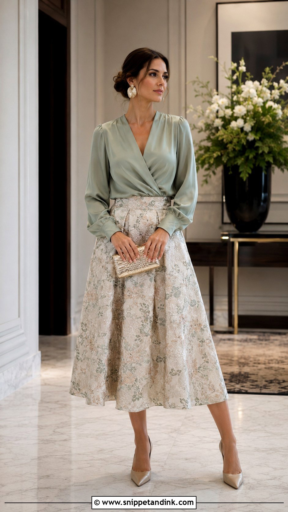 Silk Blouse And Jacquard Skirt Wedding Outfit - Snippet and Ink - 25 Blouse and Skirt Outfit Wedding Ideas