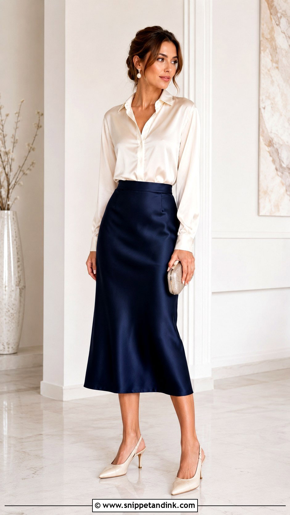 Silk Blouse And Midi Skirt Anniversary Outfit - Snippet and Ink - 25 Wedding Anniversary Outfit Ideas