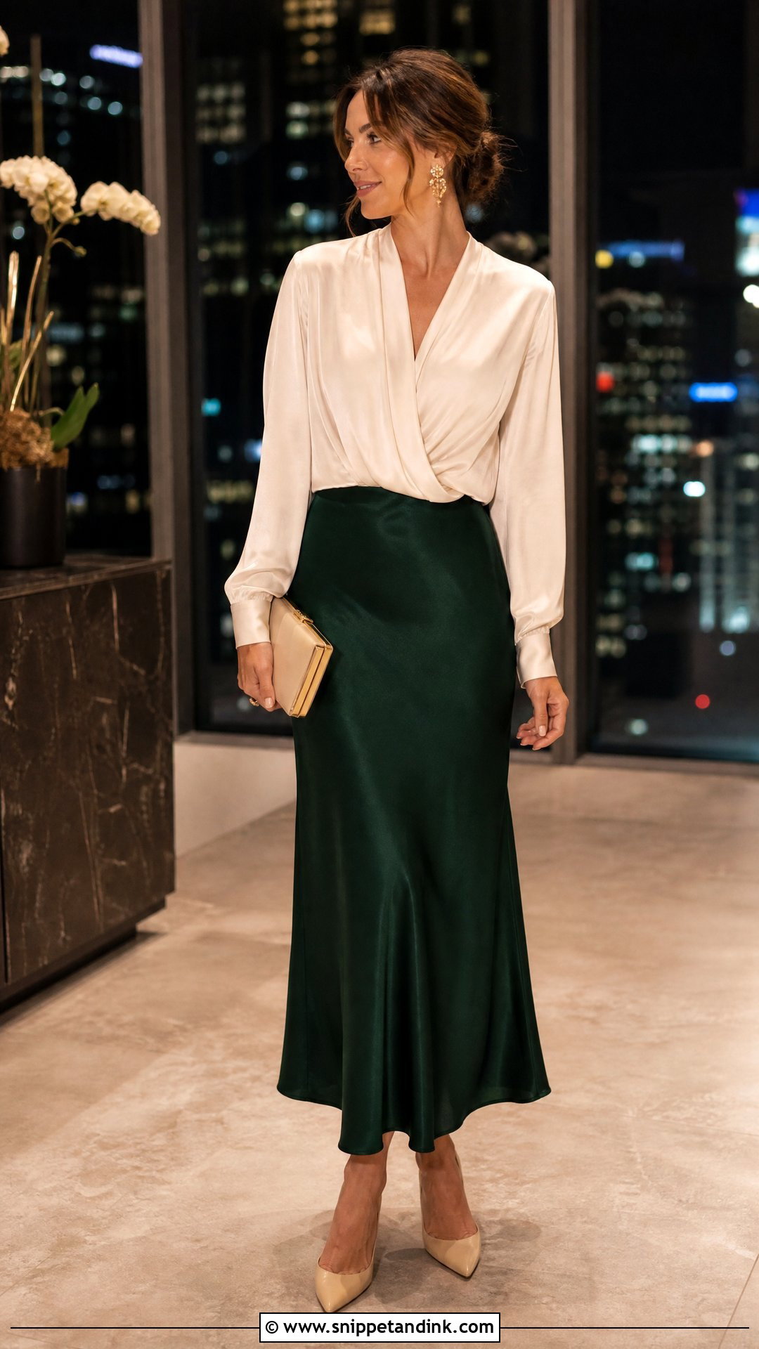 Silk Blouse And Satin Skirt Wedding Anniversary Outfit - Snippet and Ink - 20 Wedding Anniversary Outfits for Women