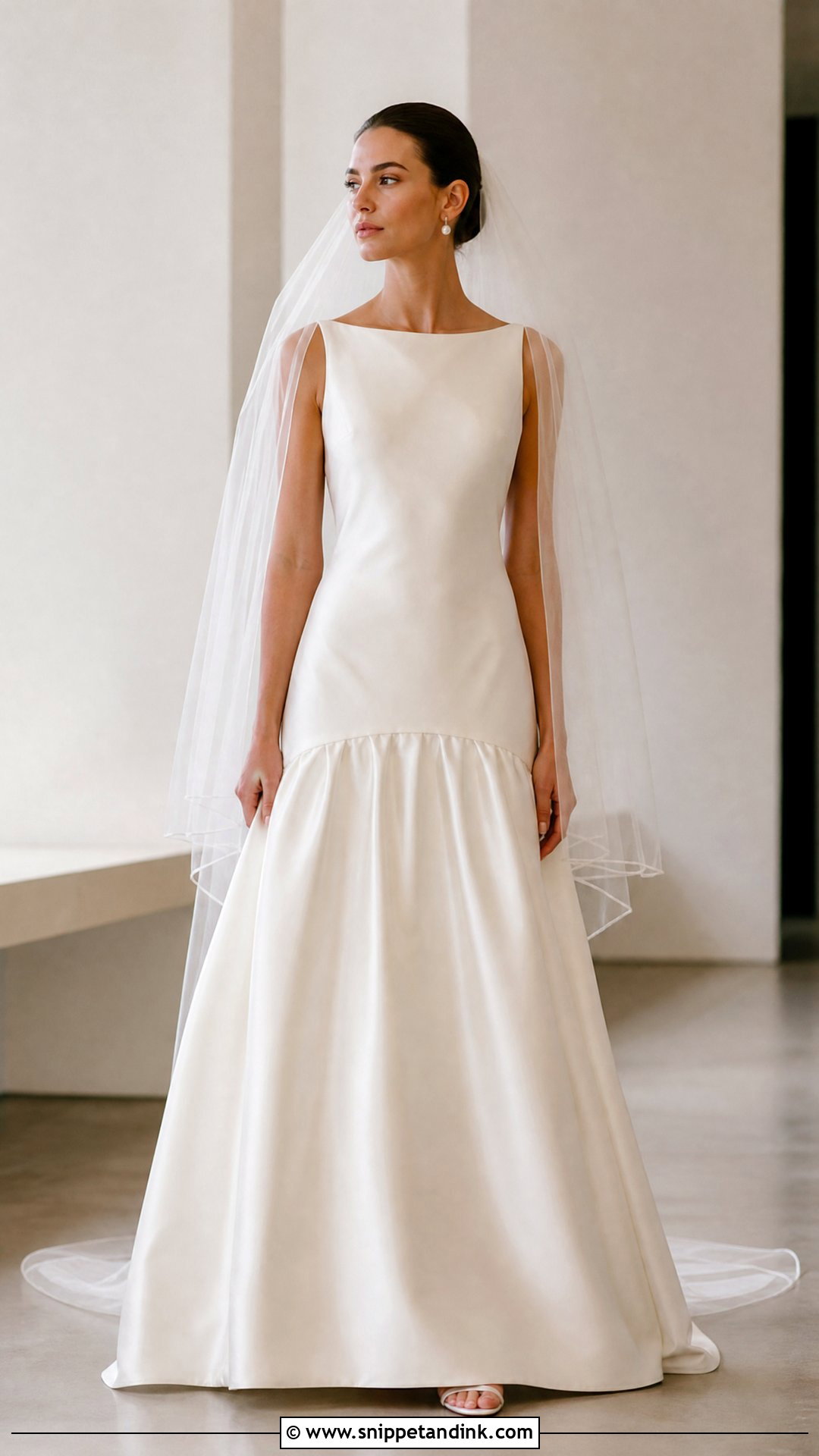 Silk Drop Waist Wedding Dress With Tulle Veil - Snippet and Ink - 25 Elegant Silk Wedding Dress Ideas