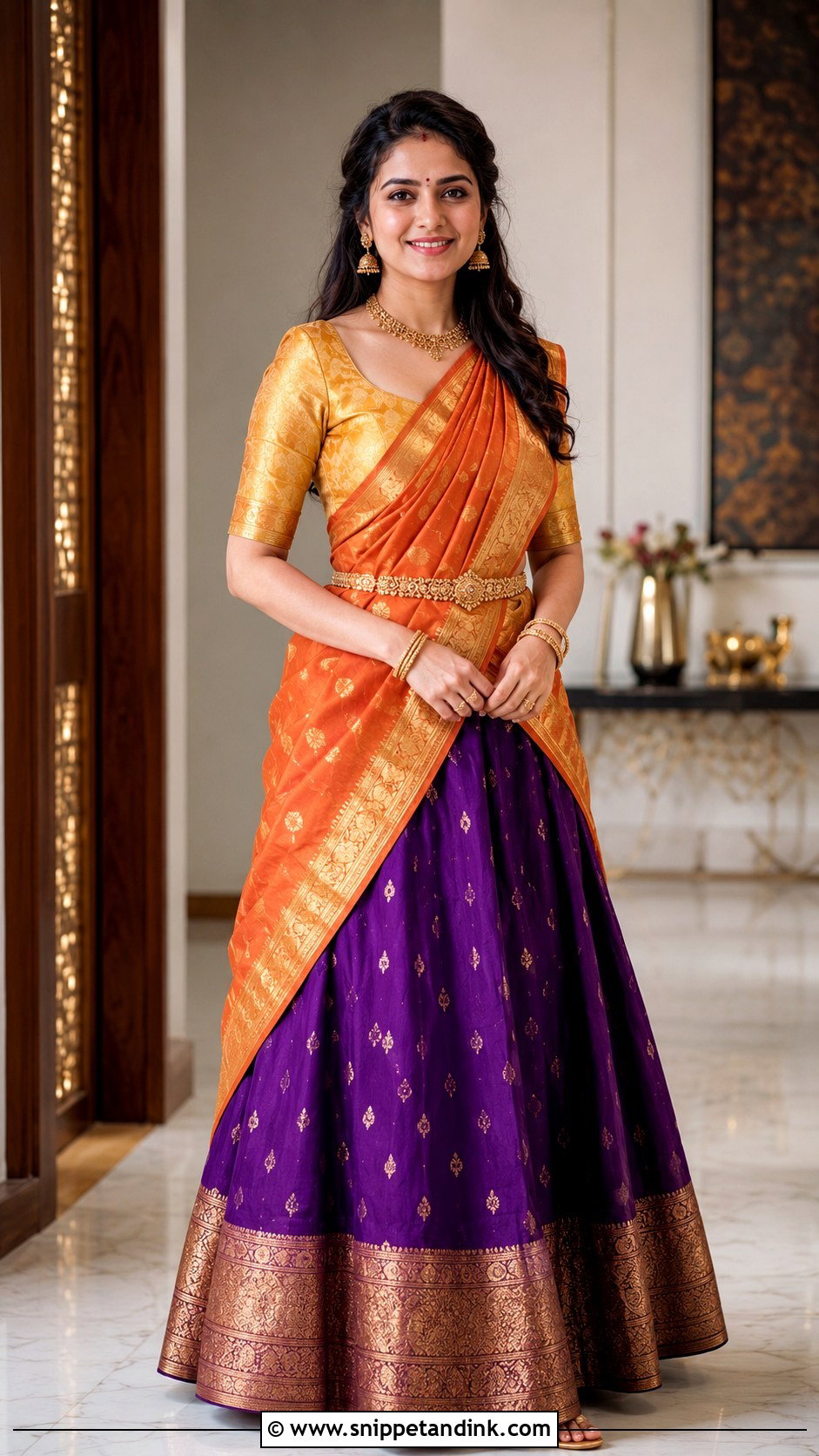 Silk Half Saree With Elbow Sleeve Blouse - Snippet and Ink - 30 Halfsarees Traditional Ideas