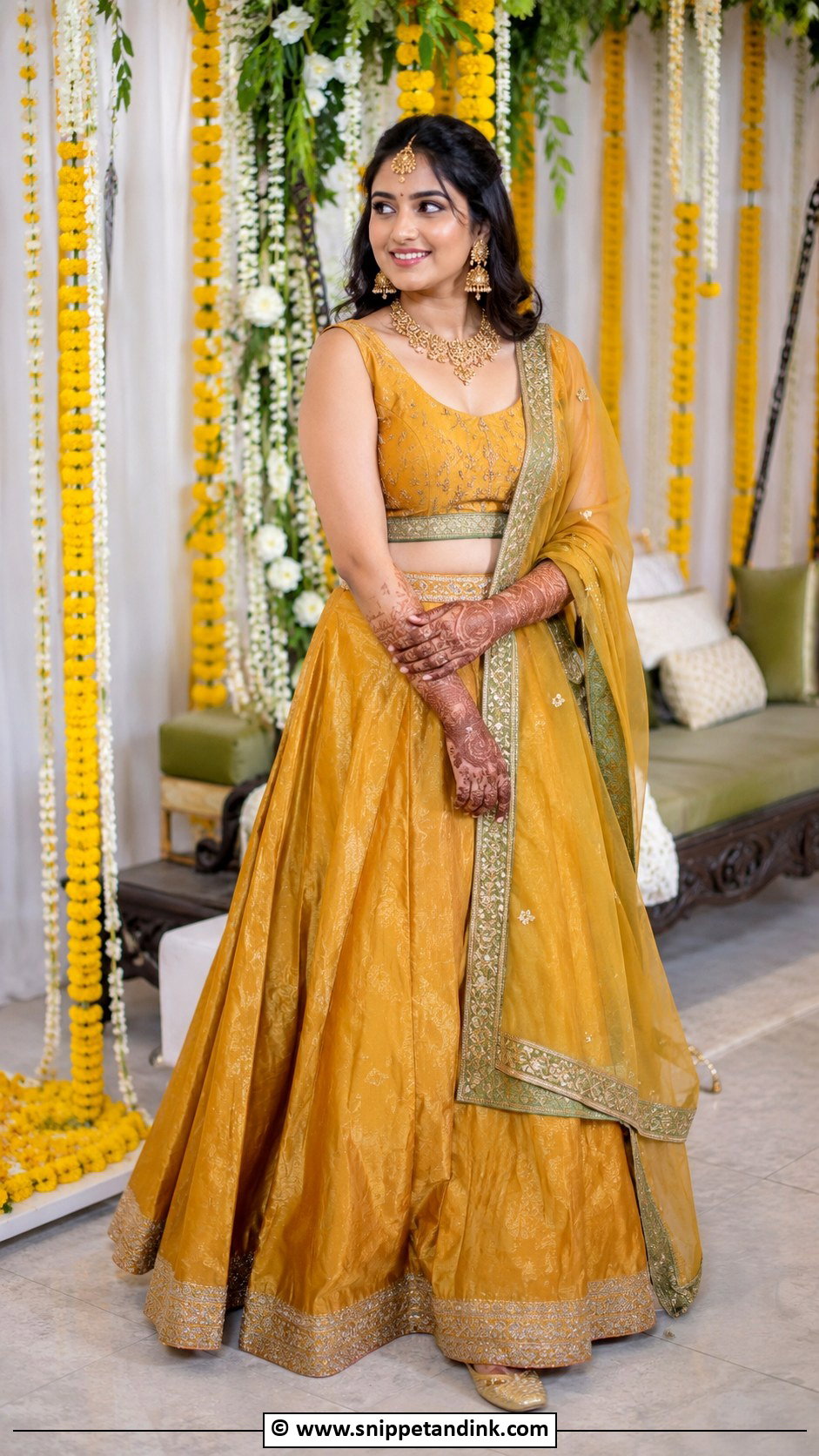 Silk Lehenga For Mehandi Bride - Snippet and Ink - 30 Mehandi Outfits Brides