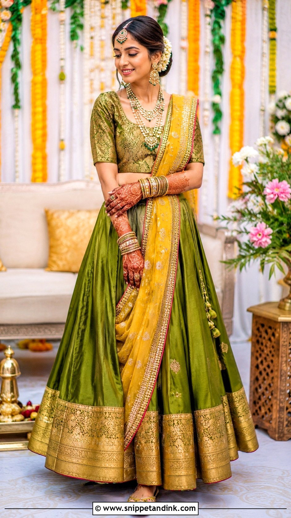 Silk Lehenga Mehandi Dress for Bride - Snippet and Ink - 25 Mehandi Dress for Bride Ideas