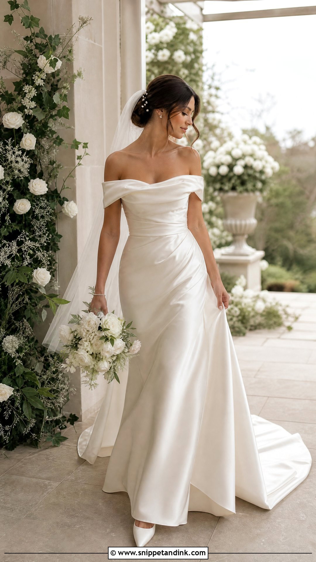 Silk Off Shoulder Wedding Dress With Low Bun - Snippet and Ink - 25 Elegant Silk Wedding Dress Ideas