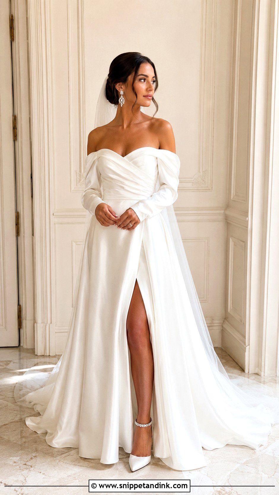 Silk Off Shoulder Wedding Dress With Sleeves - Snippet and Ink - 25 Silk Wedding Dress with Sleeves