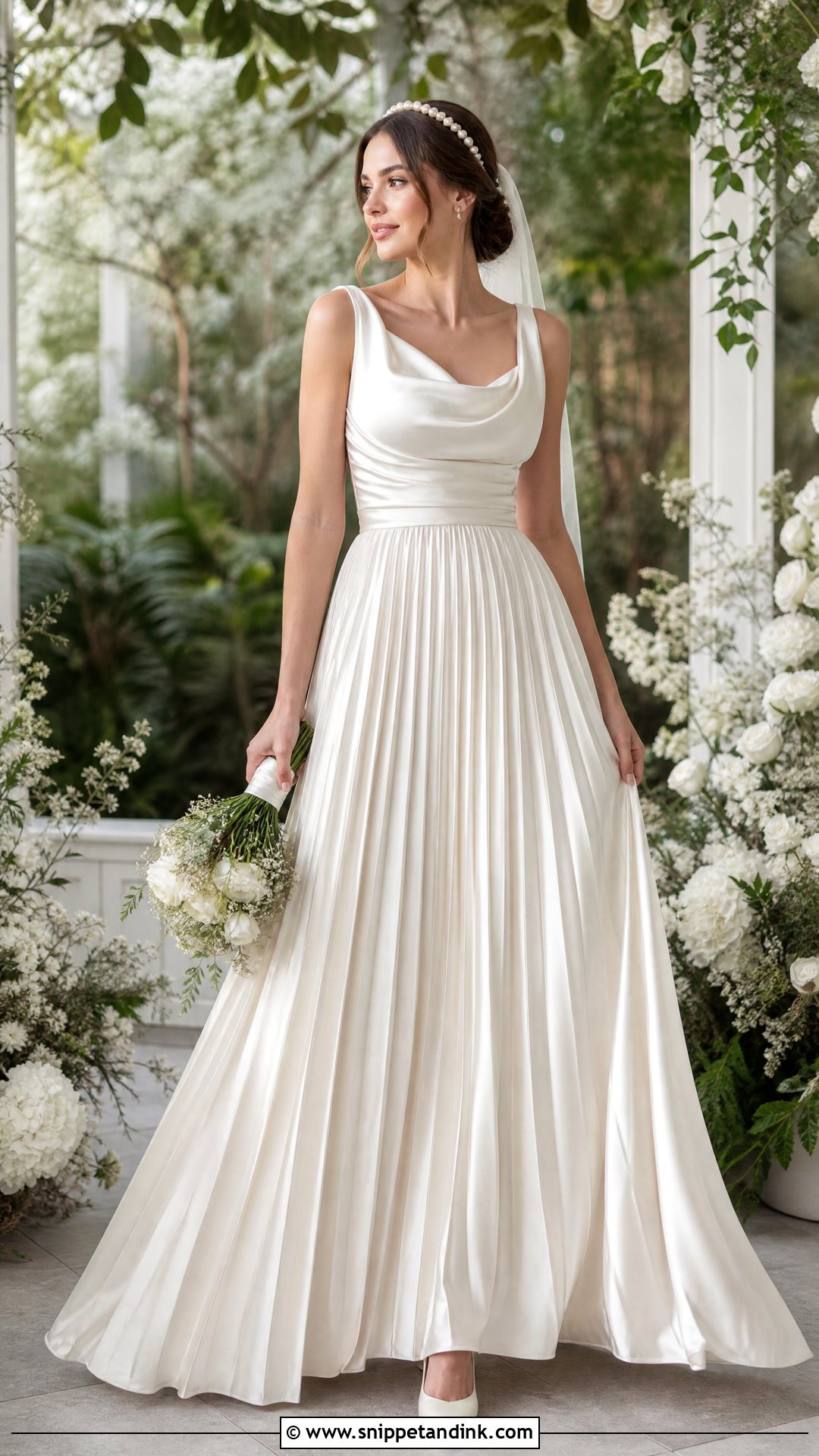 Silk Pleated Wedding Dress With Pearl Headband - Snippet and Ink - 25 Elegant Silk Wedding Dress Ideas