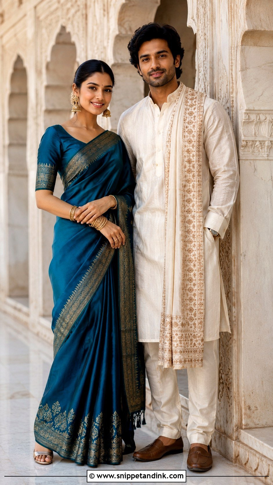 Silk Saree And Classic Kurta Pre Wedding Shoot Outfit - Snippet and Ink - 20 Indian Pre Wedding Shoot Outfit Ideas
