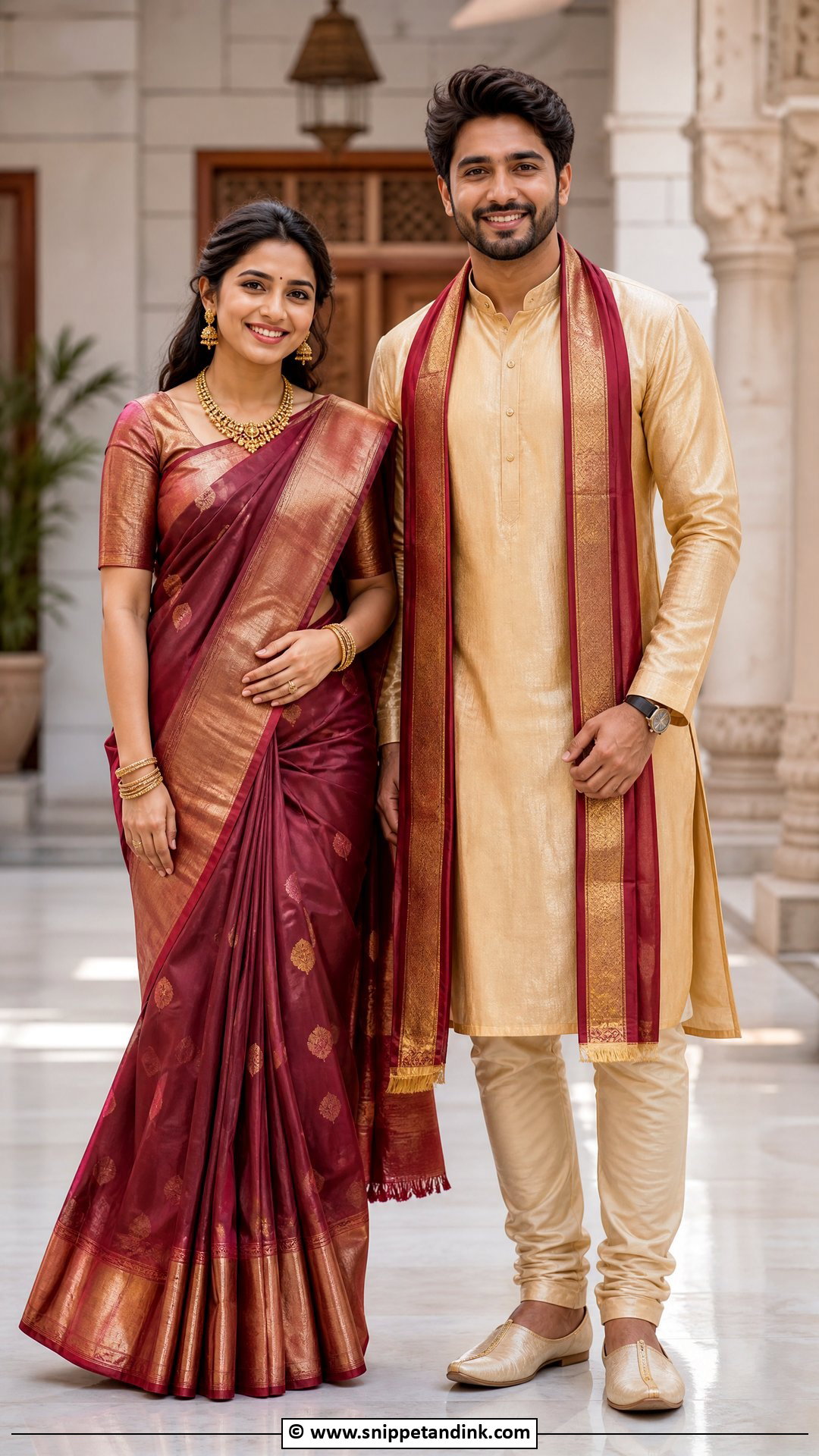 Silk Saree And Silk Kurta - Snippet and Ink - 35 Indian Couple Matching Dress Ideas
