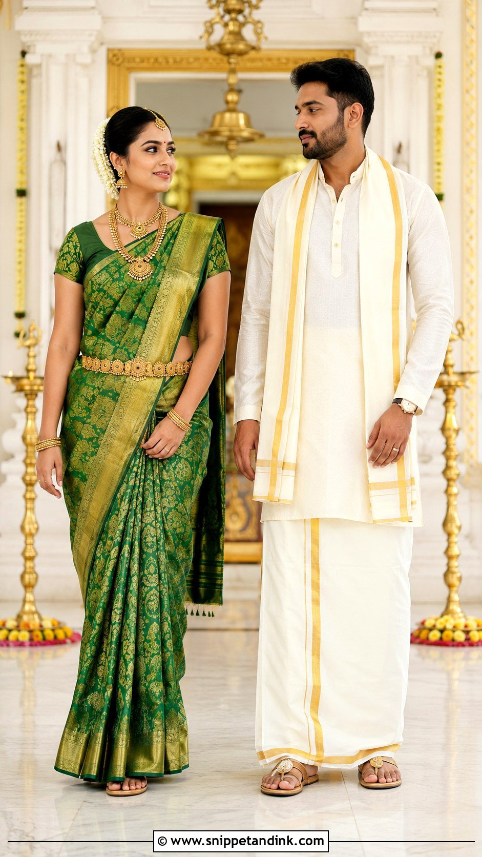 Silk Saree And Veshti South Indian Couple Outfit - Snippet and Ink - 20 Desi Couple Outfits