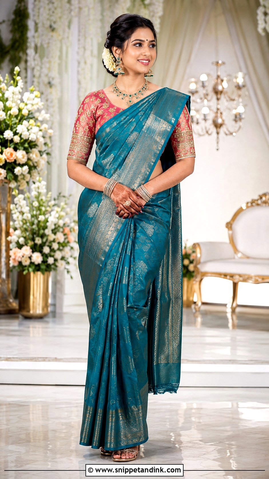 Silk Saree With Statement Blouse For Engagement - Snippet and Ink - 20 Indian Pre Wedding Dress Ideas