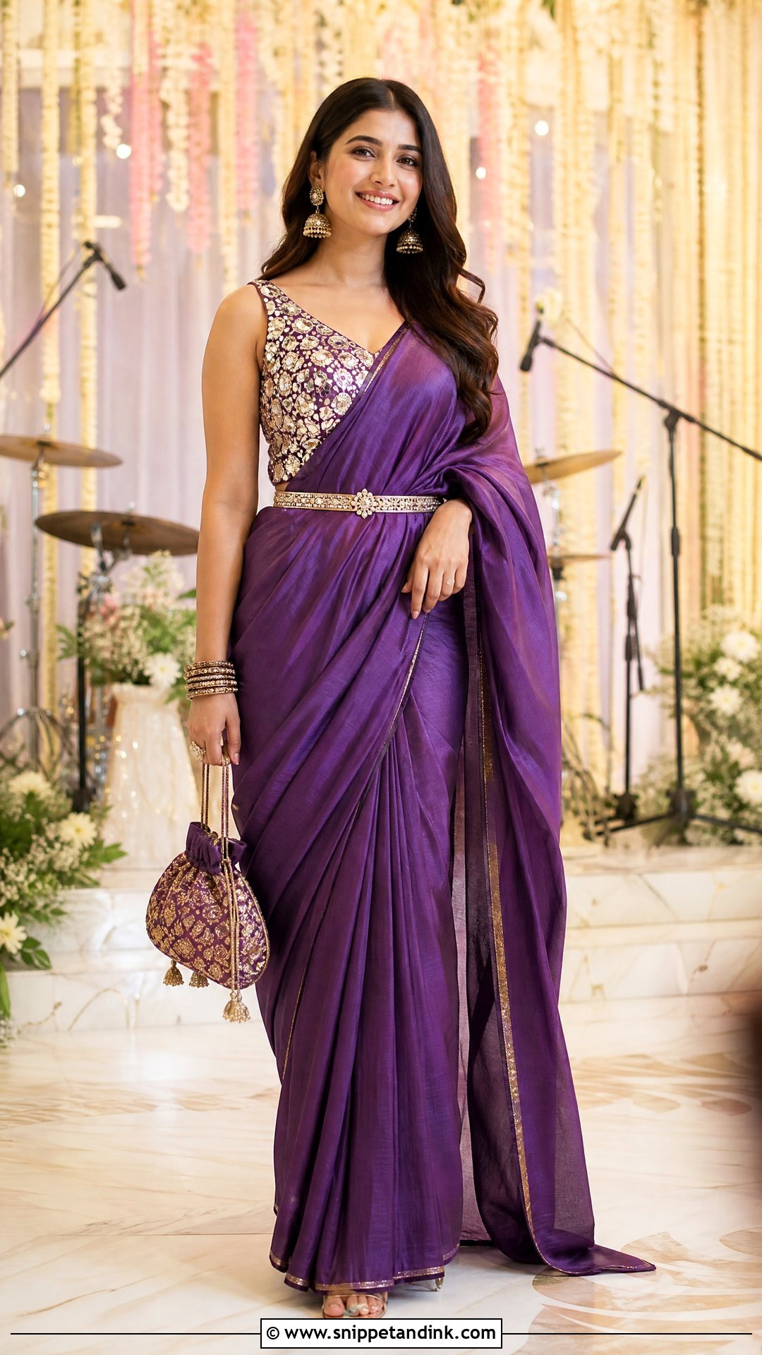 Silk Saree With Statement Blouse for Sangeet - Snippet and Ink - 20 Sangeet Dress Ideas for Sisters