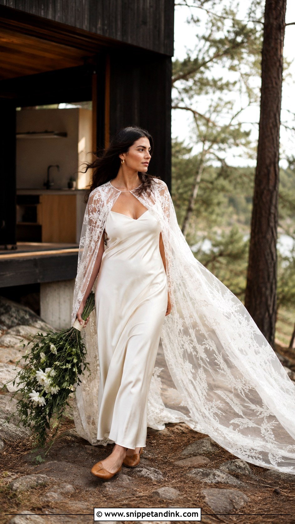 Silk Slip Wedding Dress With A Lace Cape - Snippet and Ink - 20 Granola Wedding Dress Ideas