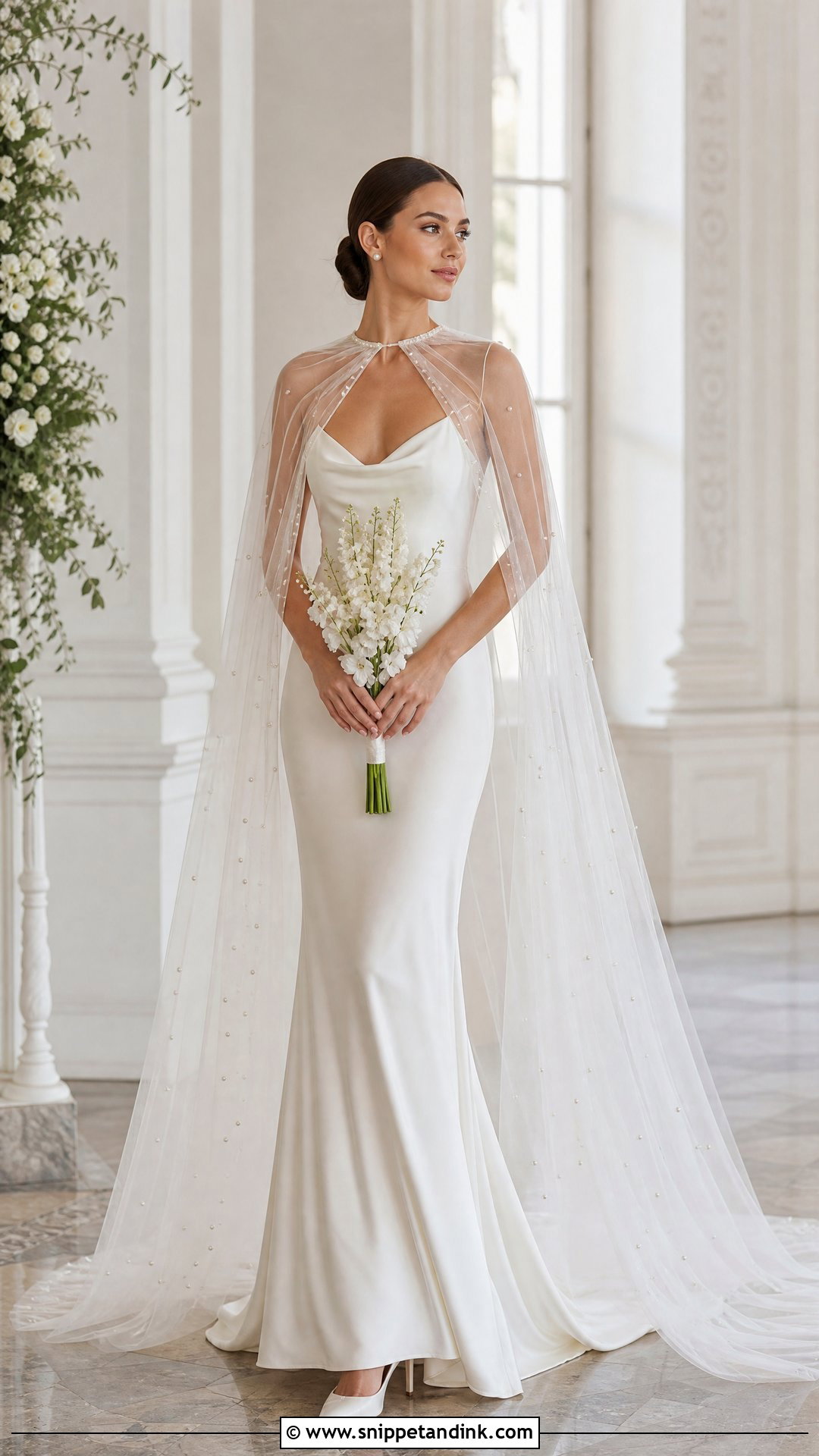 Silk Slip Wedding Dress With Sheer Bridal Cape - Snippet and Ink - 20 Silk Slip Wedding Dress Ideas