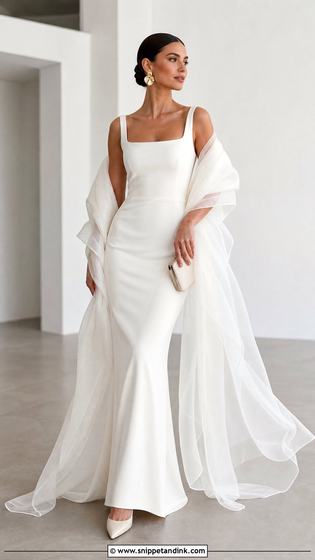 Silk Tulle Shawl With Minimalist Wedding Dress - Snippet and Ink - 20 Winter Wedding Shawl Ideas