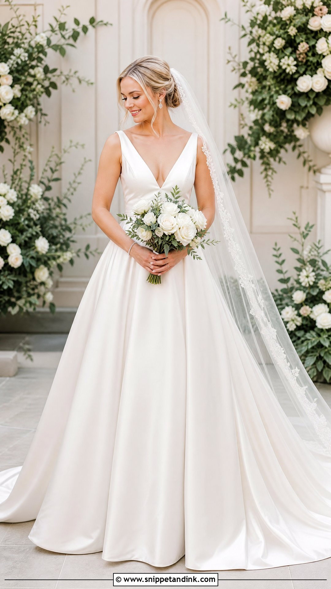 Silk V Neck Wedding Dress With Chapel Veil - Snippet and Ink - 25 Elegant Silk Wedding Dress Ideas
