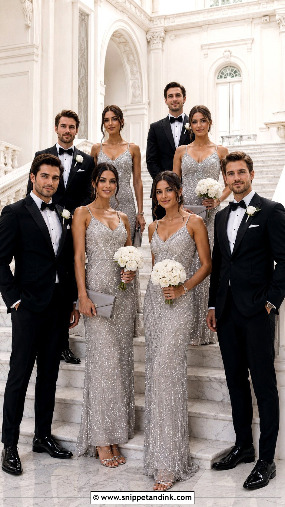 Silver Beaded Gown Black Tie Bridal Party - Snippet and Ink - 20 Black Tie Bridal Party Ideas