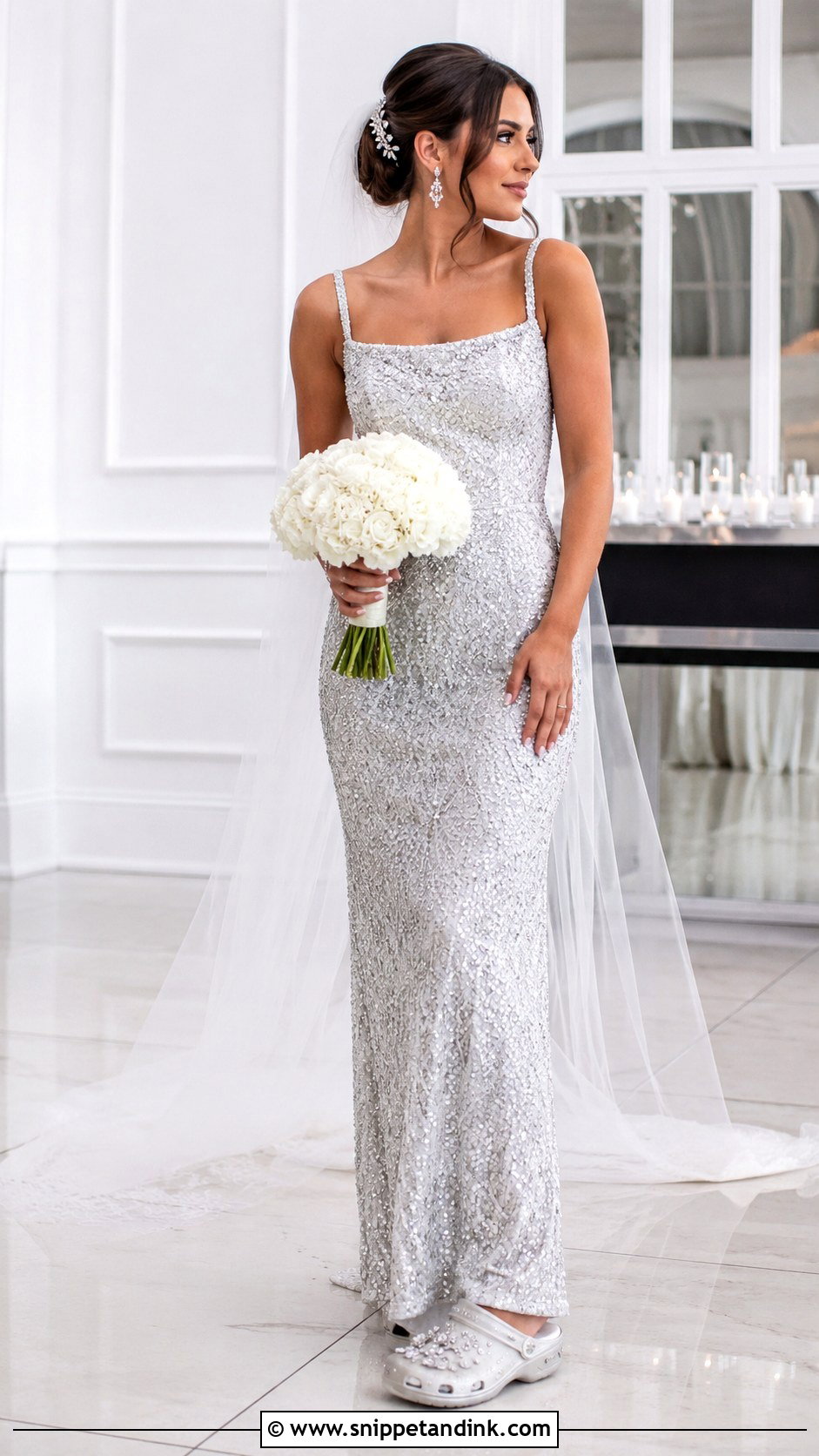 Silver Bridal Crocs With Embellished Dress - Snippet and Ink - 20 Bridal Crocs Ideas