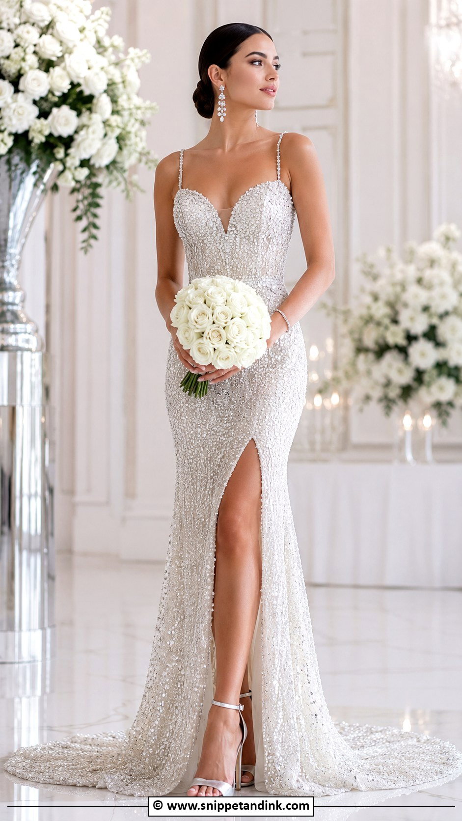 Silver Bridal Heels With A Beaded Wedding Dress - Snippet and Ink - 30 Bridal Footwear Ideas