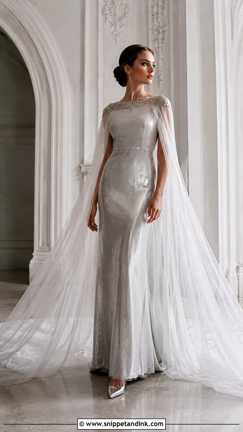 Silver Cape Wedding Gown - Snippet and Ink - 20 Elegant Silver Wedding Gowns