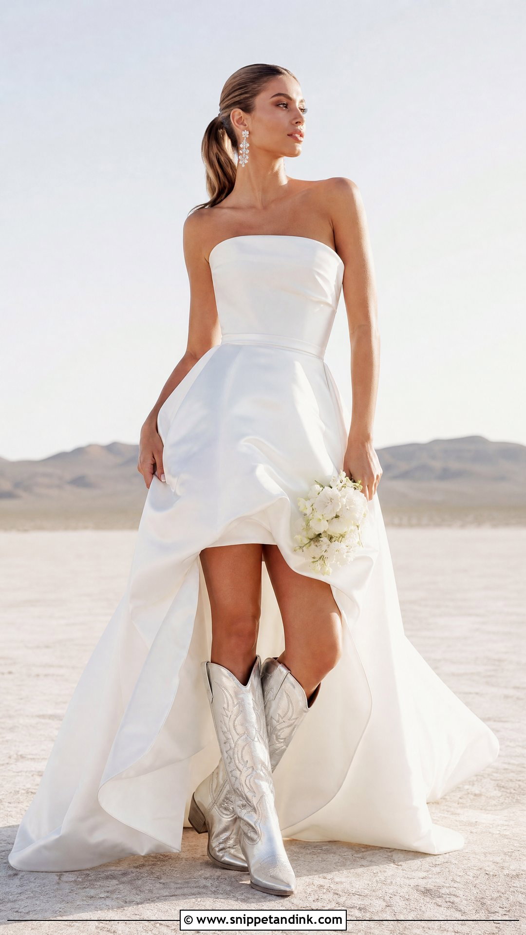 Silver Cowgirl Boots With High Low Wedding Dress - Snippet and Ink - 20 Wedding Cowgirl Boots for Bride Ideas