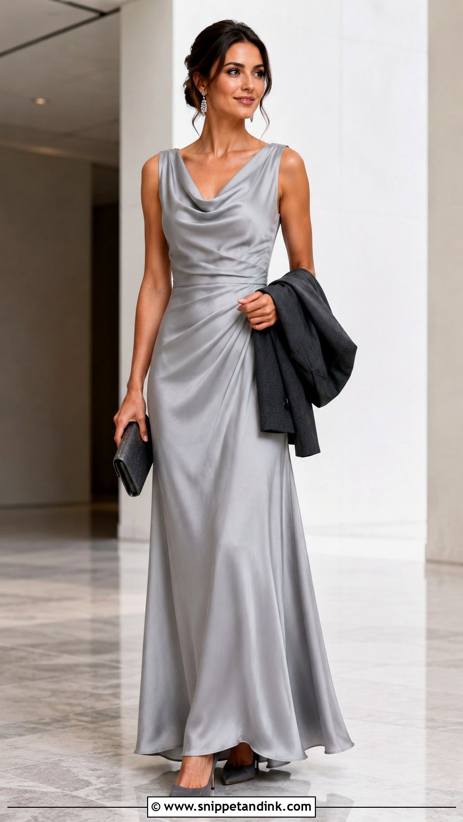 Silver Cowl Neck Gown With Gray Heels - Snippet and Ink - 20 Simple Gown Ideas