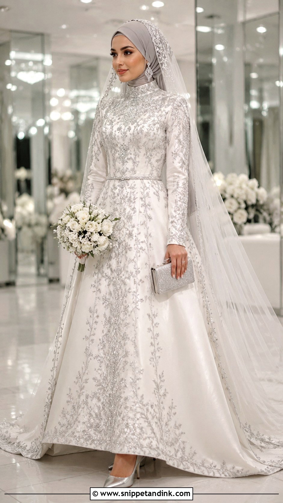 Silver Embroidered Dress With Gray Bridal Hijab - Snippet and Ink - 20 Bridal with Hijab Ideas