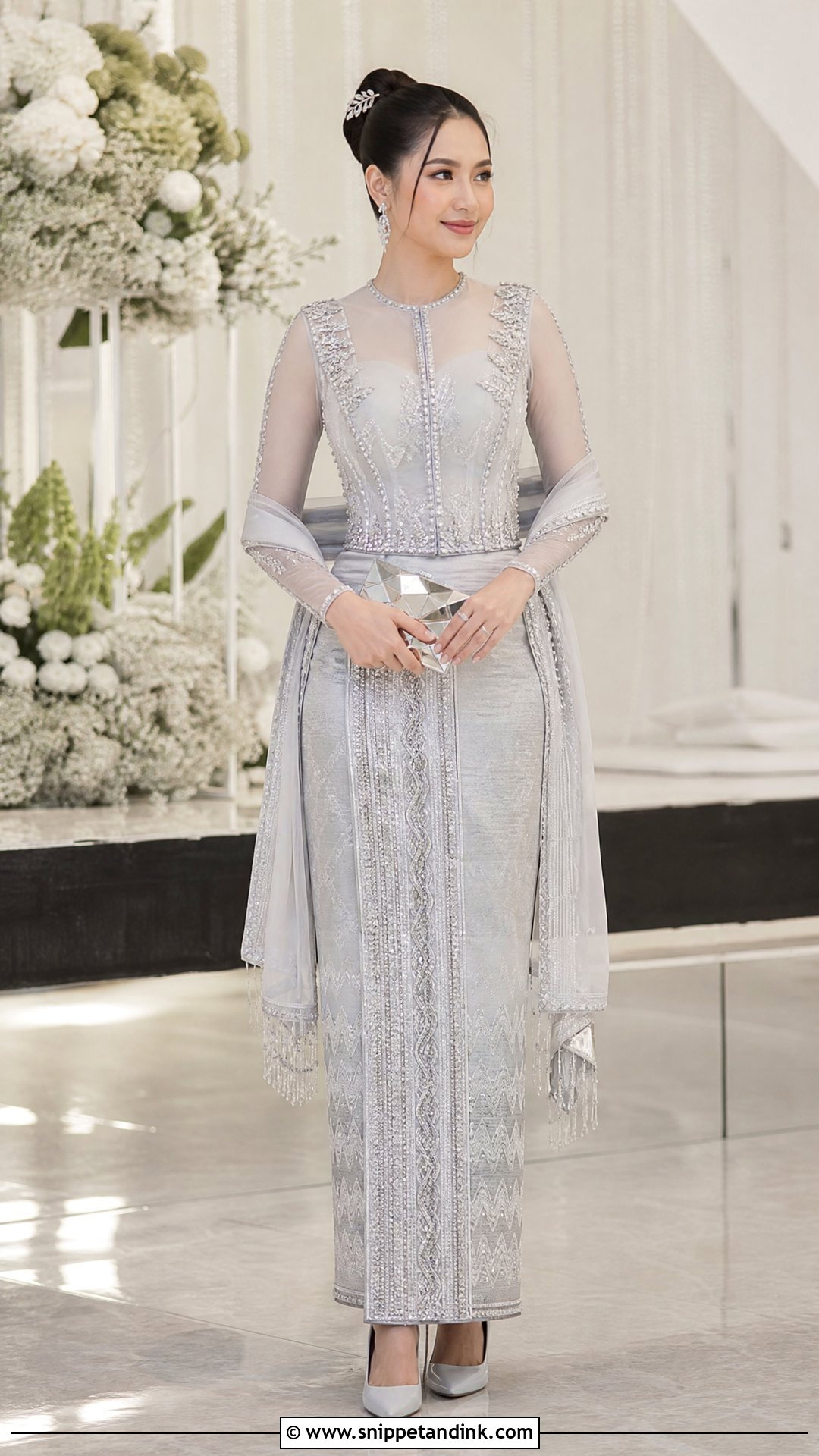 Silver Embroidered Htamein Wedding Dress - Snippet and Ink - 20 Myanmar Wedding Dresses