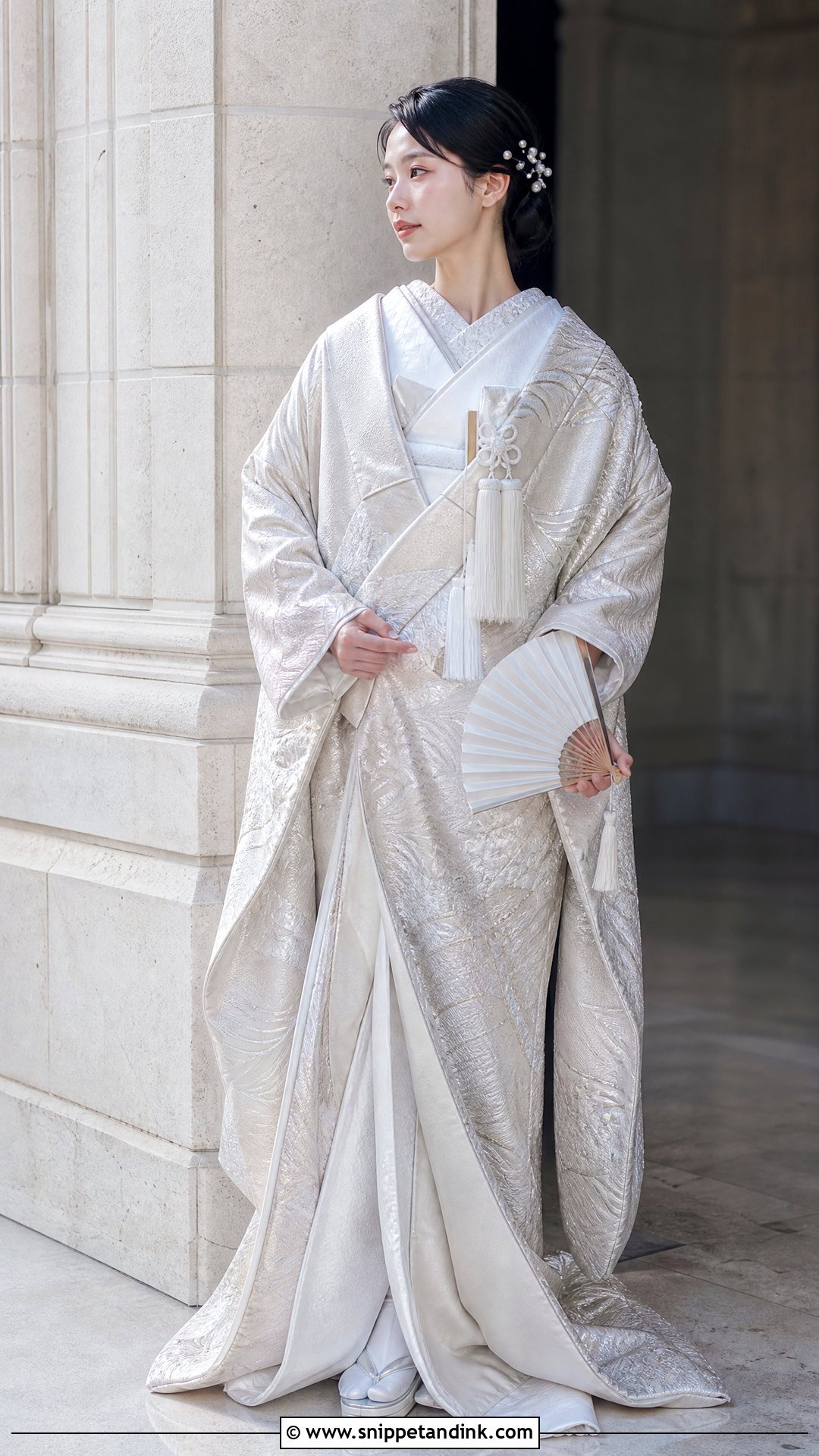 Silver Embroidered Shiromuku With Pearl Accessories - Snippet and Ink - 20 Shiromuku Wedding Kimono Ideas