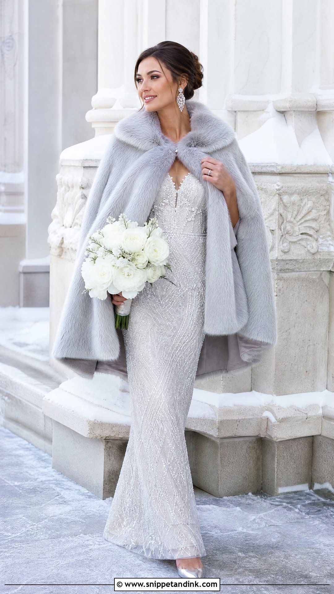 Silver Faux Fur Bridal Cape With Beaded Wedding Gown - Snippet and Ink - 20 Winter Bridal Cape Ideas