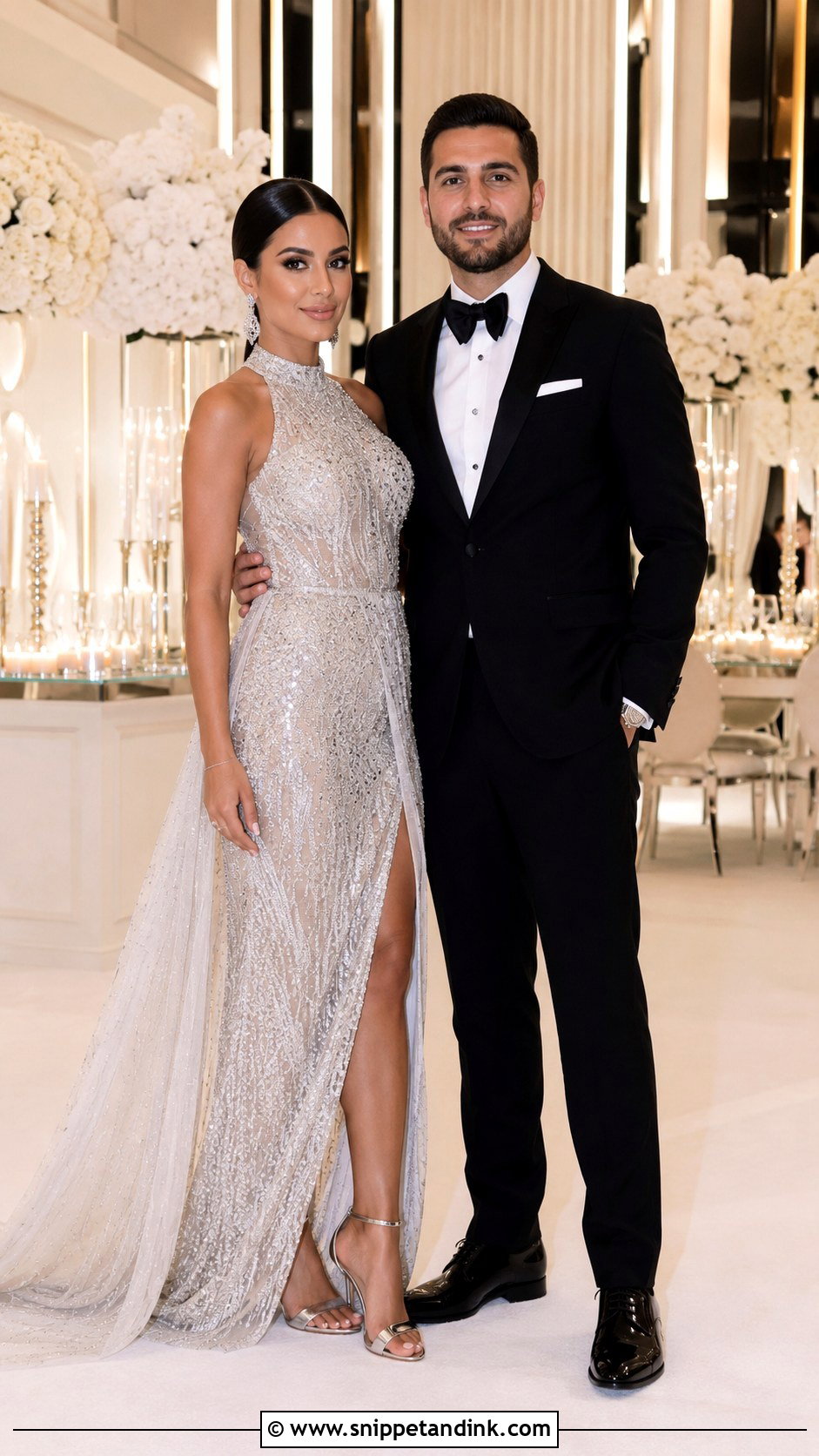 Silver Gown And Black Tuxedo Wedding Couple Dress Combination - Snippet and Ink - 25 Wedding Couple Dress Combination Ideas