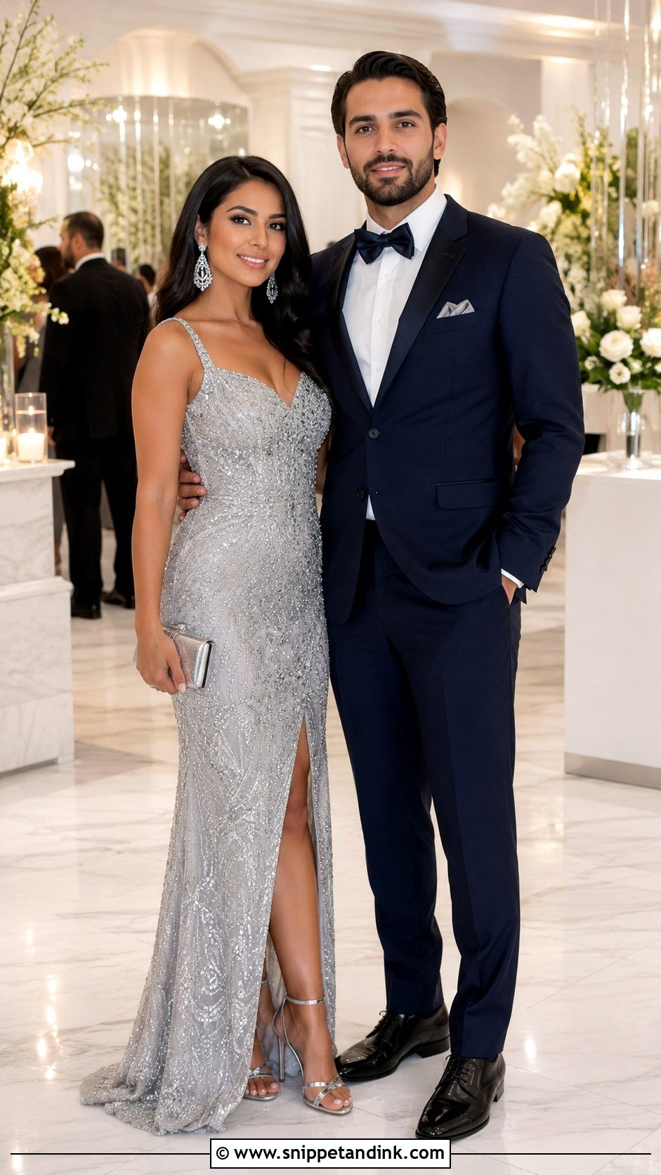 Silver Gown And Navy Tuxedo Wedding Outfit - Snippet and Ink - 25 Couple Contrast Outfits for Wedding