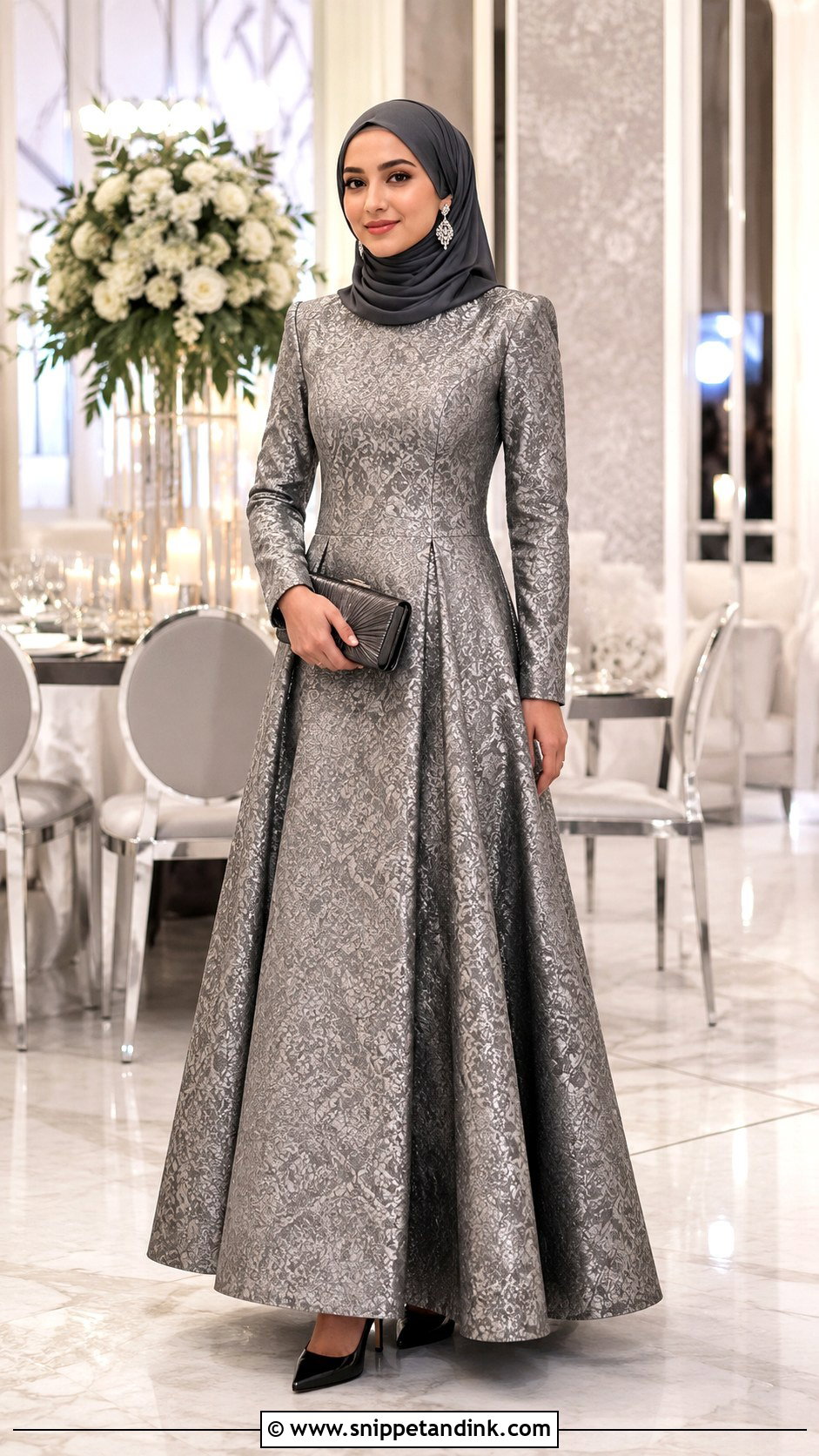 Silver Gray Brocade Hijab Dress - Snippet and Ink - 20 Hijab Dresses for Wedding Party
