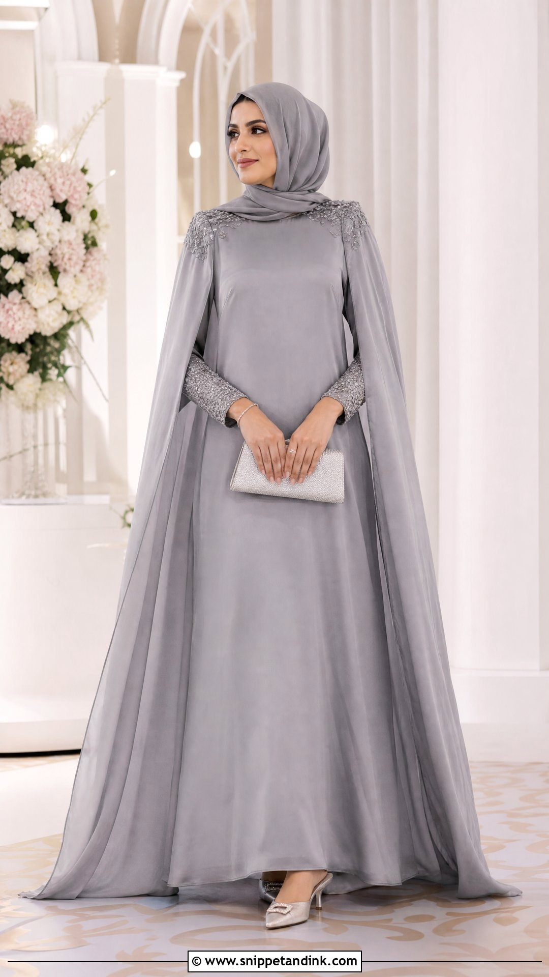 Silver Gray Cape Dress With Hijab - Snippet and Ink - 20 Pakistani Hijab for Wedding Party Ideas