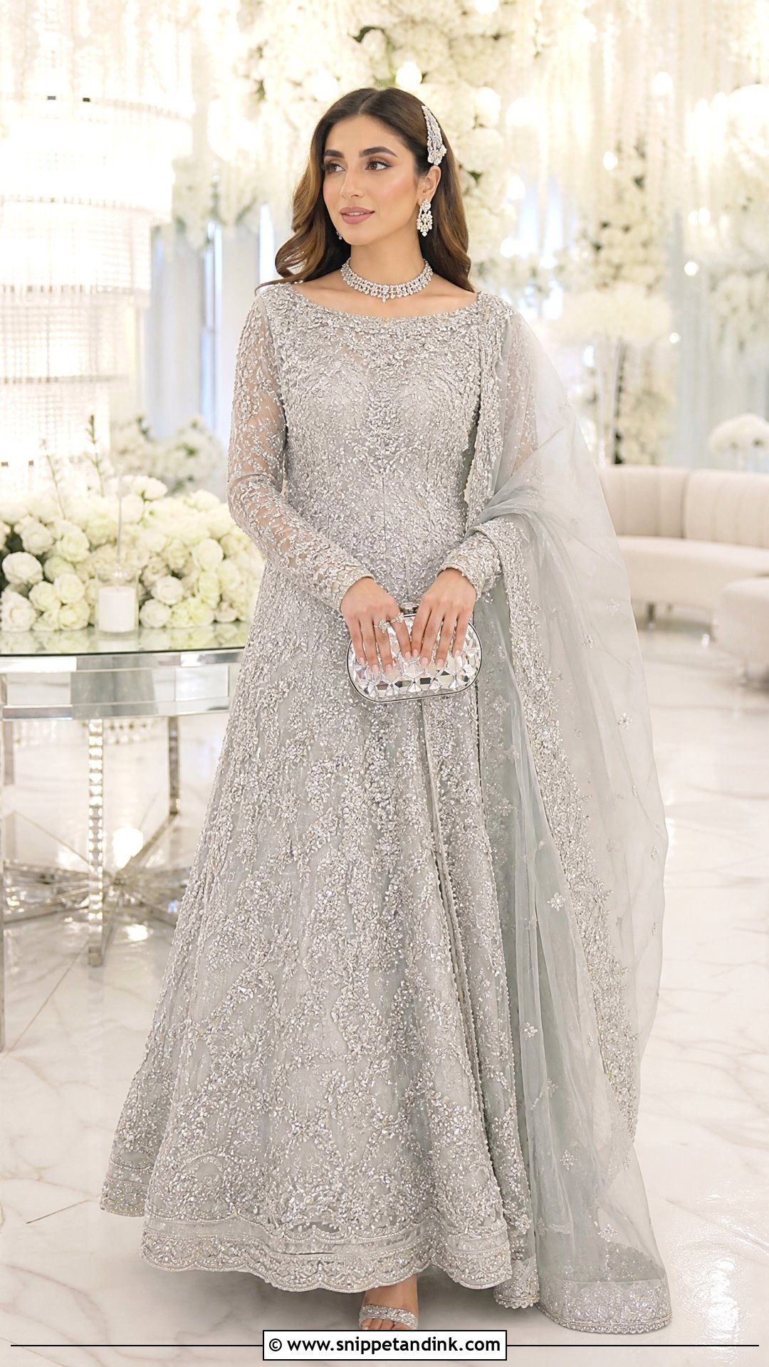 Silver Gray Embellished Walima Maxi Dress - Snippet and Ink - 20 Bridal Walima Maxi Dress Pakistani Ideas