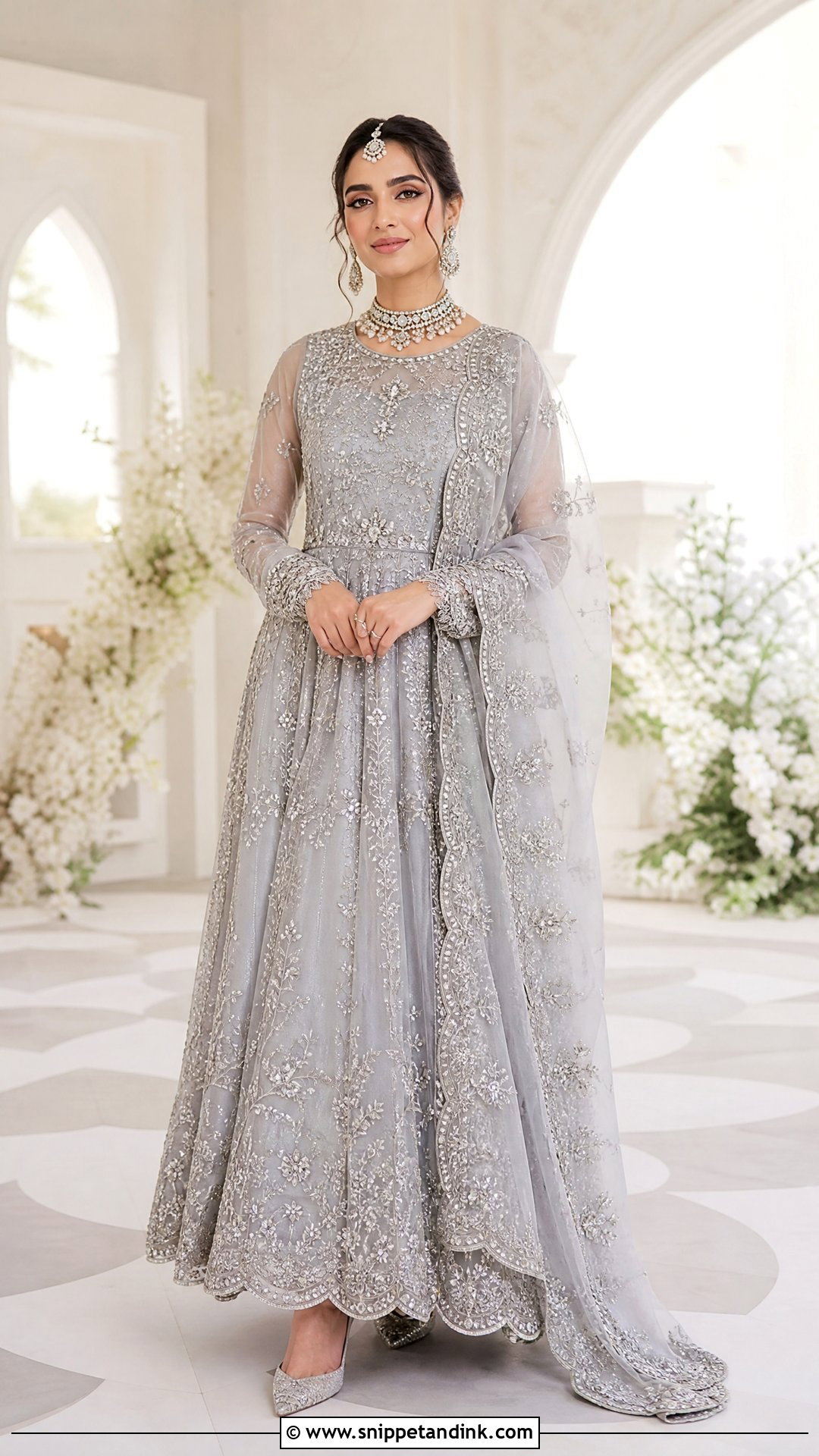 Silver Gray Organza Pishwas Nikah Dress - Snippet and Ink - 20 Pakistani Bridal Nikah Dress Ideas