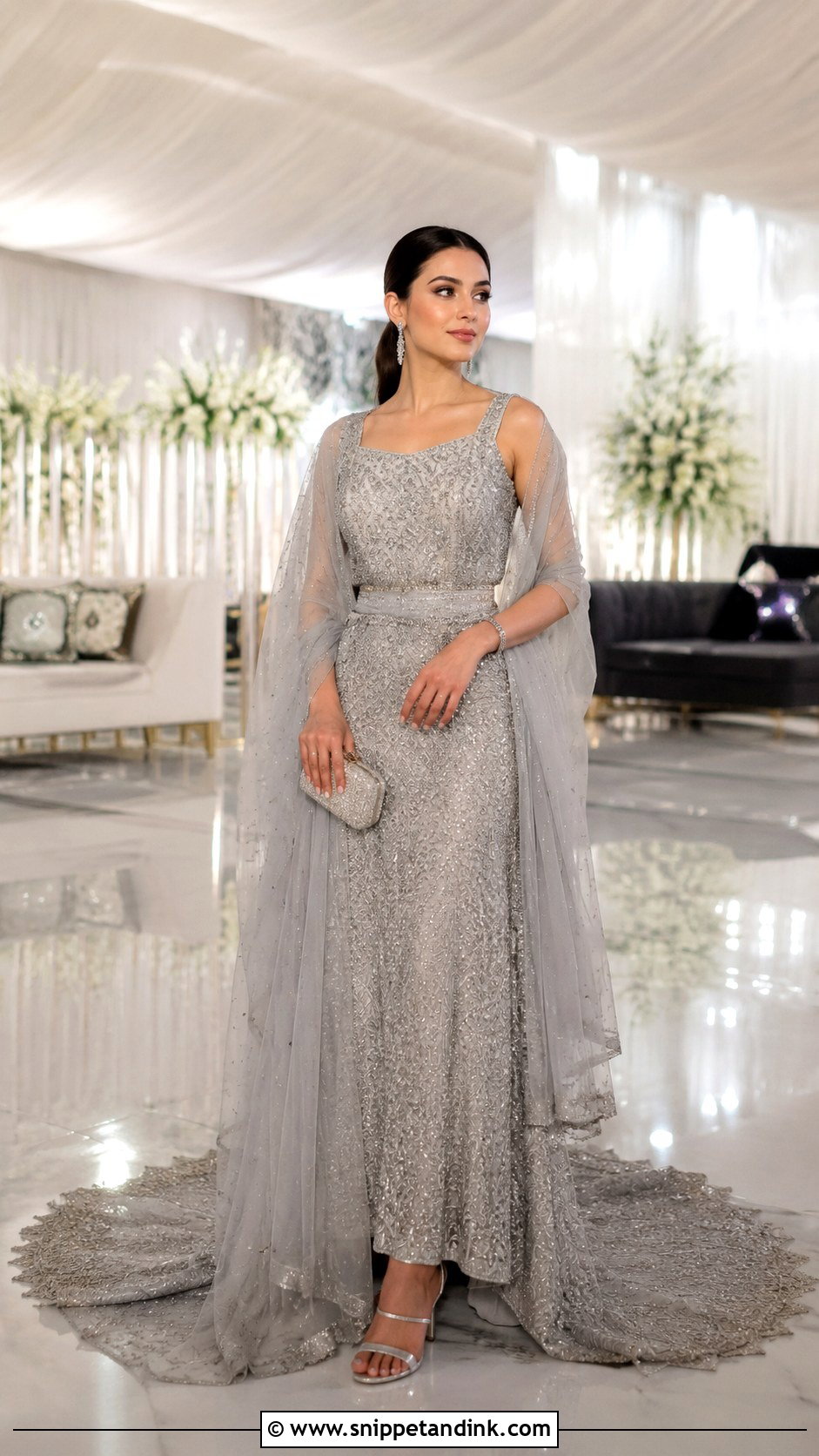Silver Gray Trail Gown Mangni Dress - Snippet and Ink - 20 Mangni Dress Pakistani Bridal Ideas