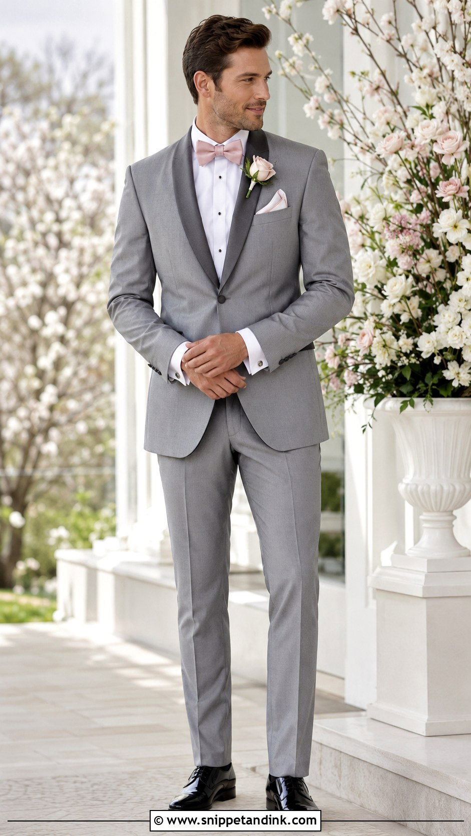 Silver Gray Tuxedo With Blush Accessories - Snippet and Ink - 20 Gray Tuxedo Wedding Ideas