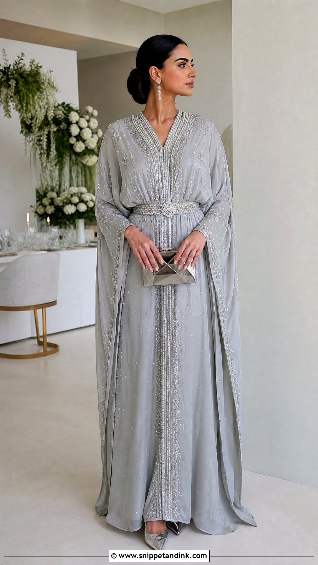 Silver Gray Wedding Kaftan With Crystal Belt - Snippet and Ink - 20 Wedding Kaftan Ideas